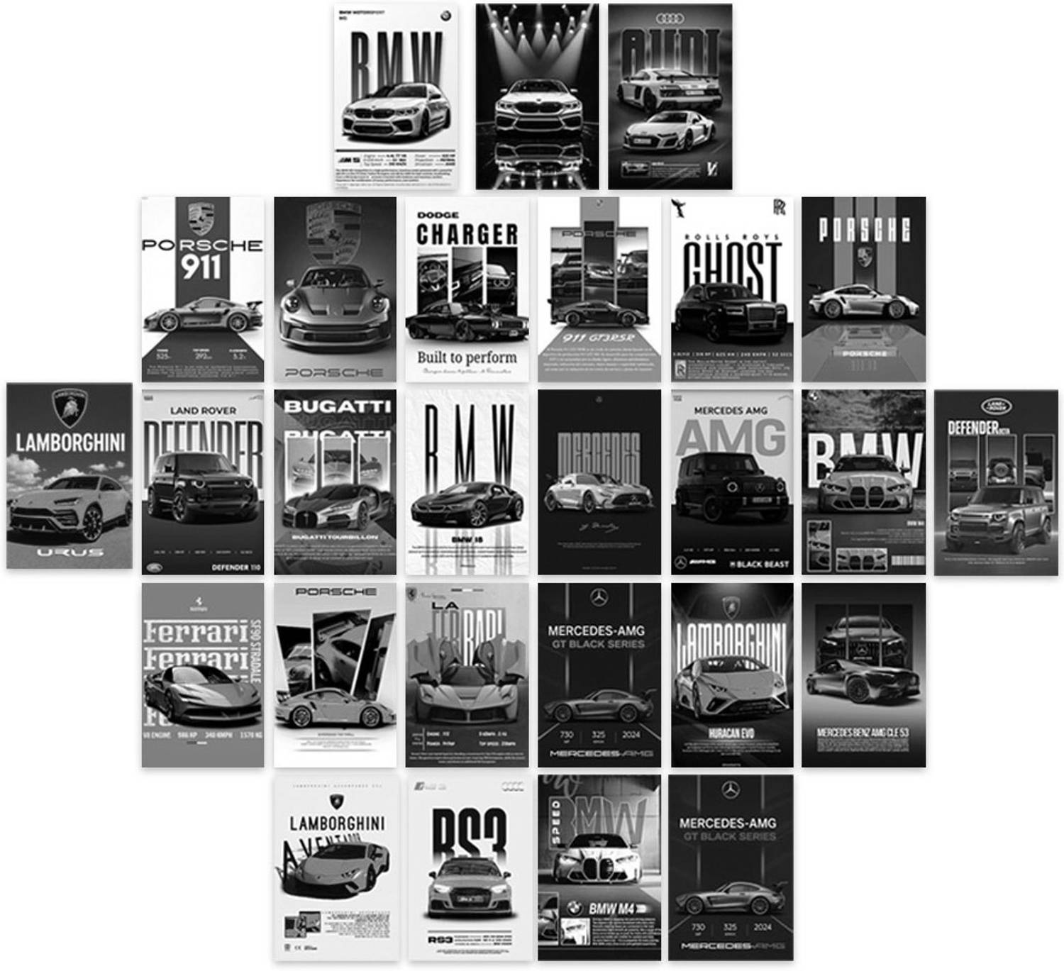 Aesthetic Black & White Car Wall Collage Kit || Set of 27pcs Postcard Size Poster For Gaming Room Decoration | Super Car, Vintage Cars & Classic Car Wall Decor For Boys Room | Wall Art For Bedroom, Living Room, Dorm Room Decoration Photographic Paper