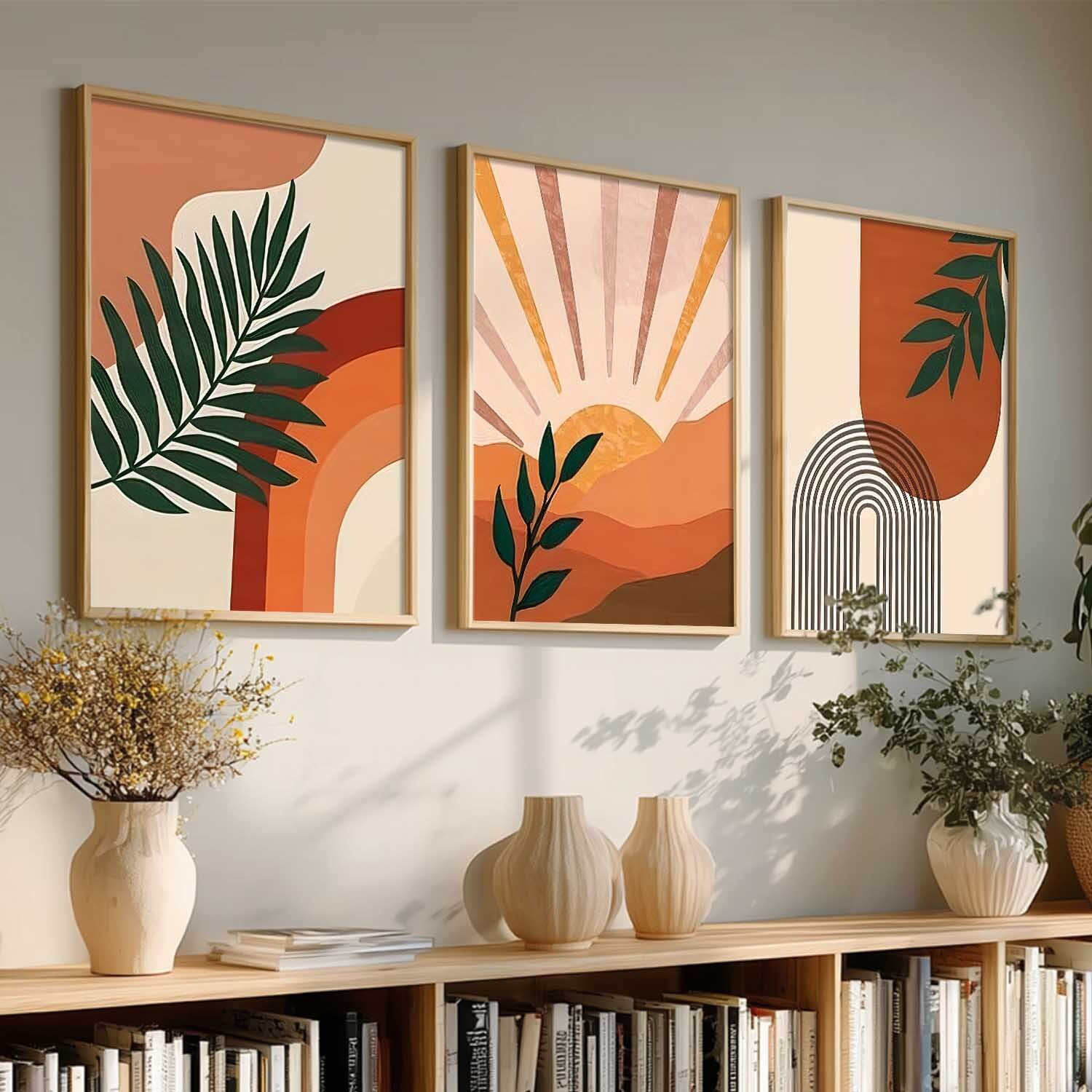 Image of Yanveer Big Aesthetic Boho Wall Art Canvas with Natural Wood Frame | Abstract Sun, Botanical Leaves & Geometric Shapes 3 Panel Wall Decor for Living Room, Bedroom, Office & Home Decor Fine Art Print