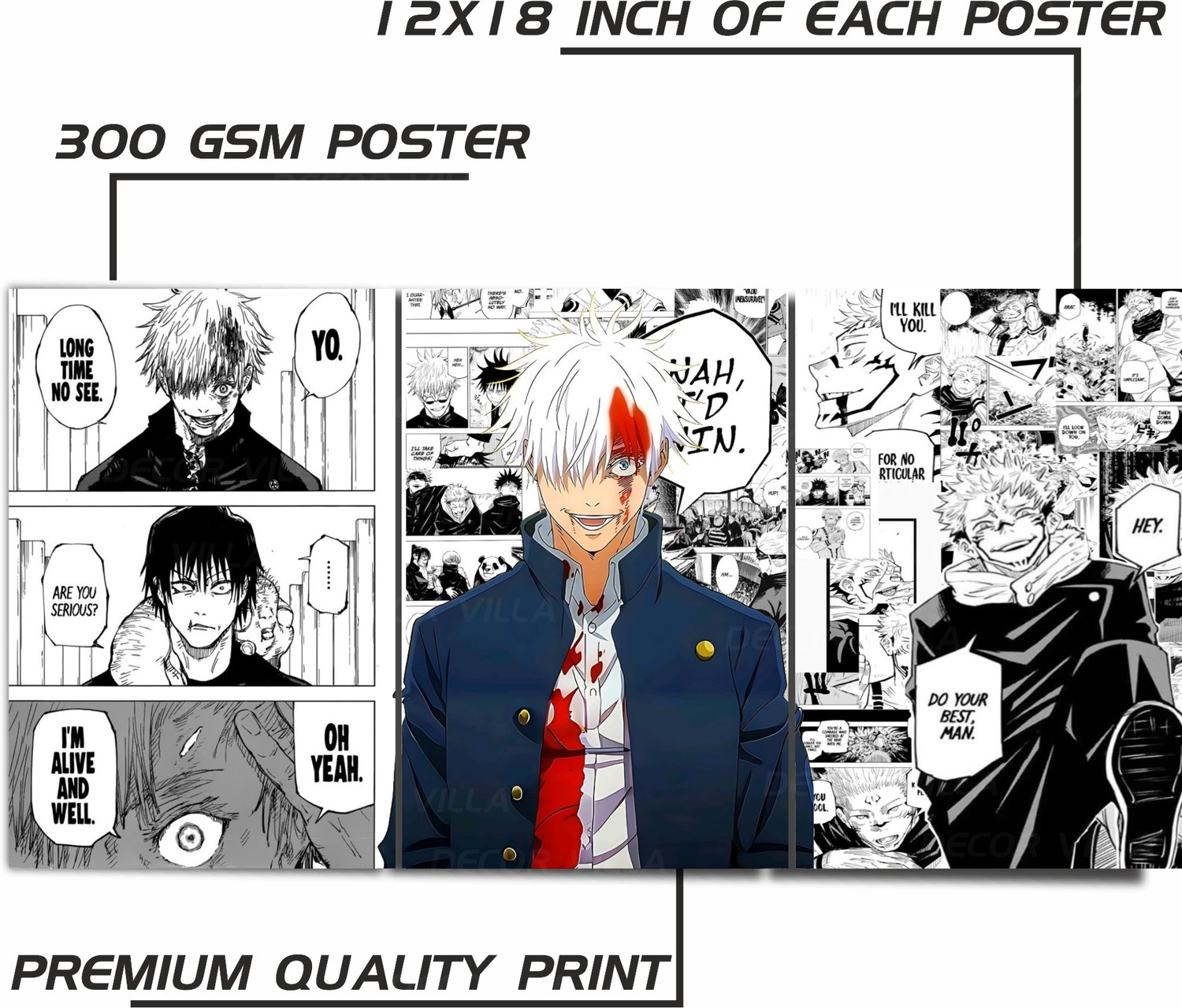Image of Jujutsu Kaisen Gojo Satoru & Sukuna Manga Panel Poster Set - 3-Piece Premium Wall Art, 300 GSM Matte Finish, inchNah, I'd Win inch & Hidden Inventory Arc Collage for Anime Fans & Room Decor Photographic Paper