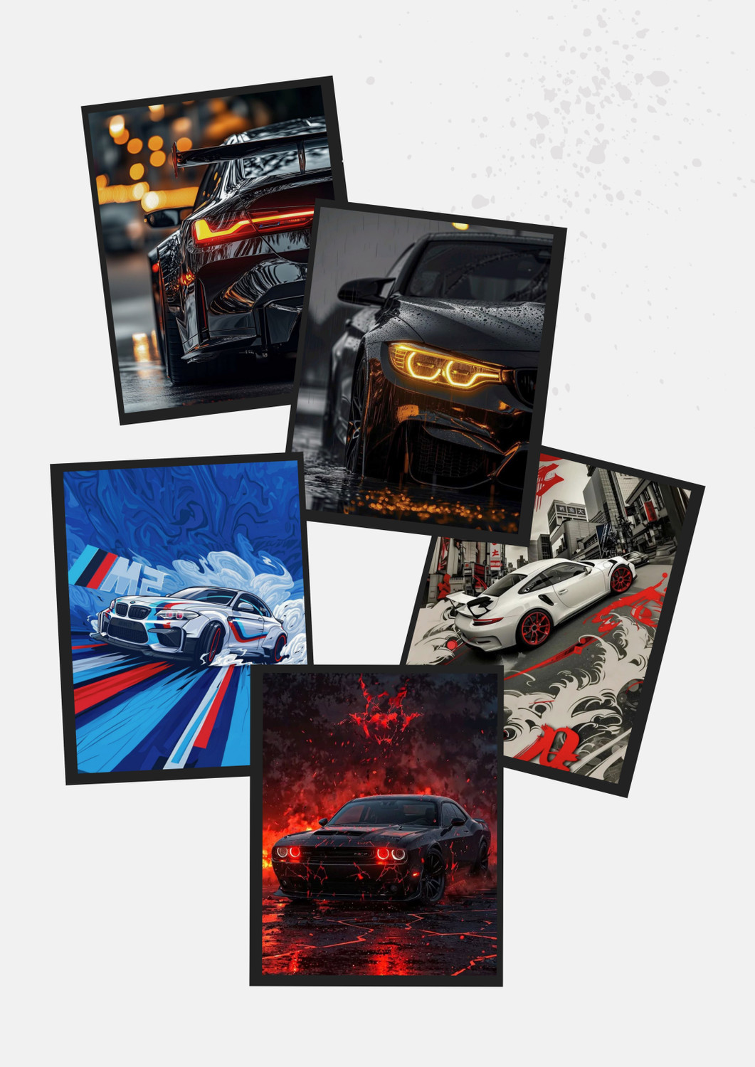 Image of Premium Supercar Poster Set - Pack of 7 | A4 Size | 200 GSM Gloss Finish | Muscle & Sports Car Wall Art | Dodge Challenger SRT Demon, BMW, Porsche & Formula Racing Prints | Room Decor for Car Lovers Photographic Paper