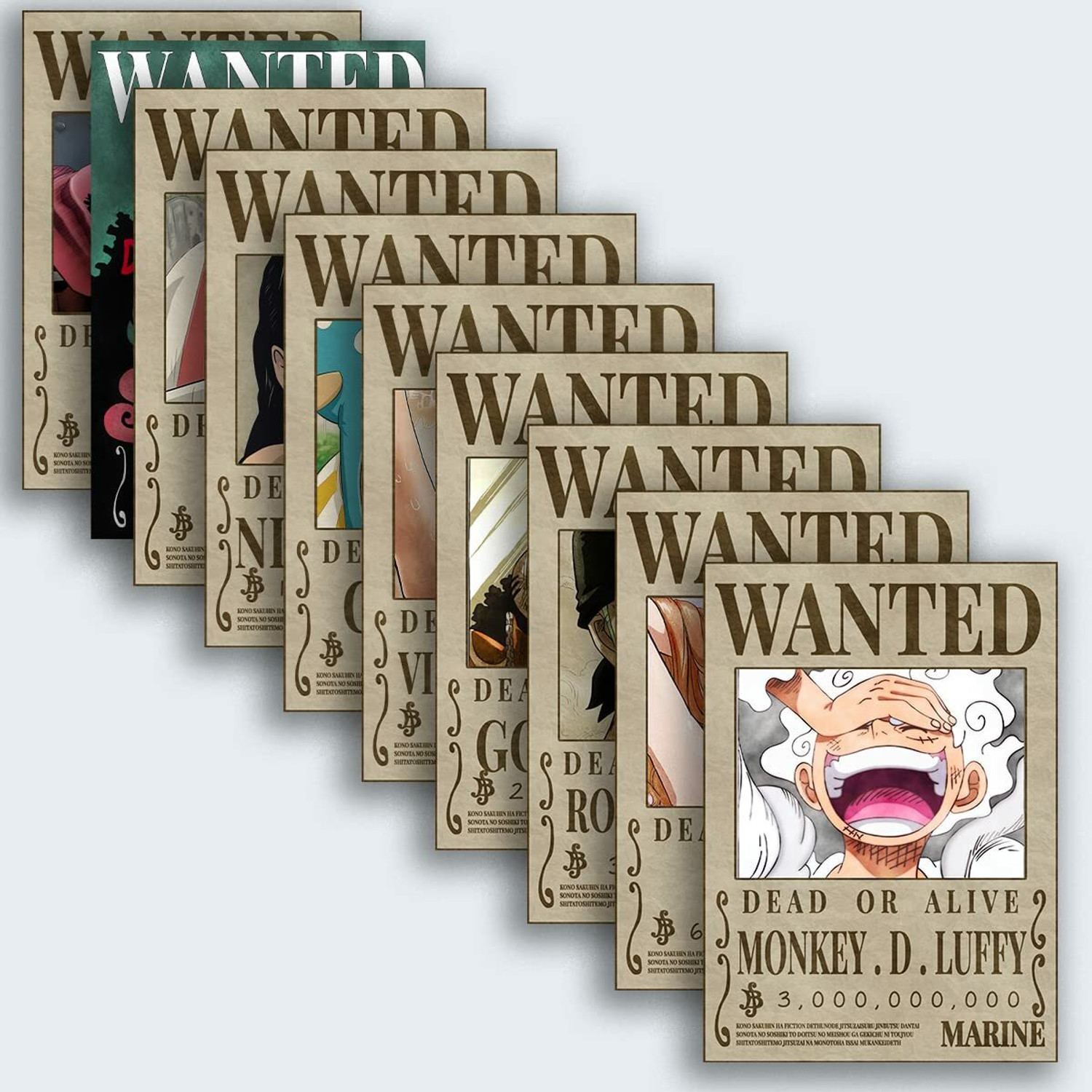 Image of Pack Of 10 One Piece straw hat pirates wanted poster Luffy Gear 5 Size 8X10 inch AniME Poster Fine Art Print