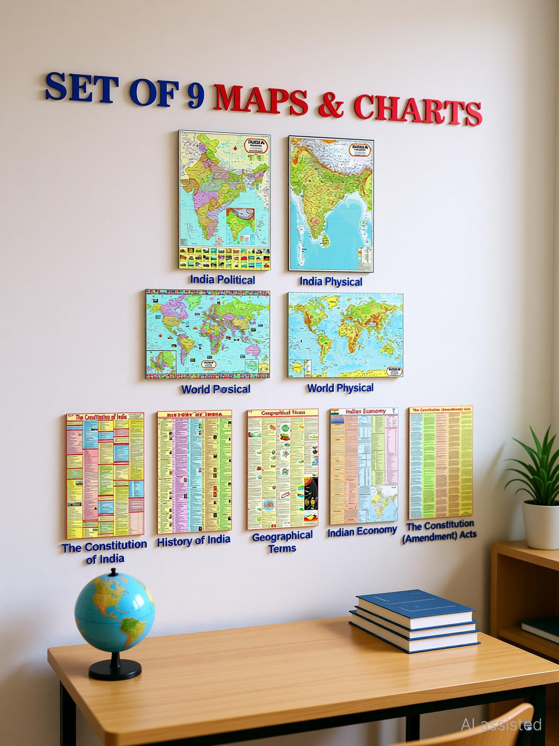 Image of COMBO OF 9 ENGLISH MAPS & CHARTS | India & World Map ( Both Political & Physical ) with History, Constitution, Constitutional Amendments,Indian Economy & Geography Chart Paper Print
