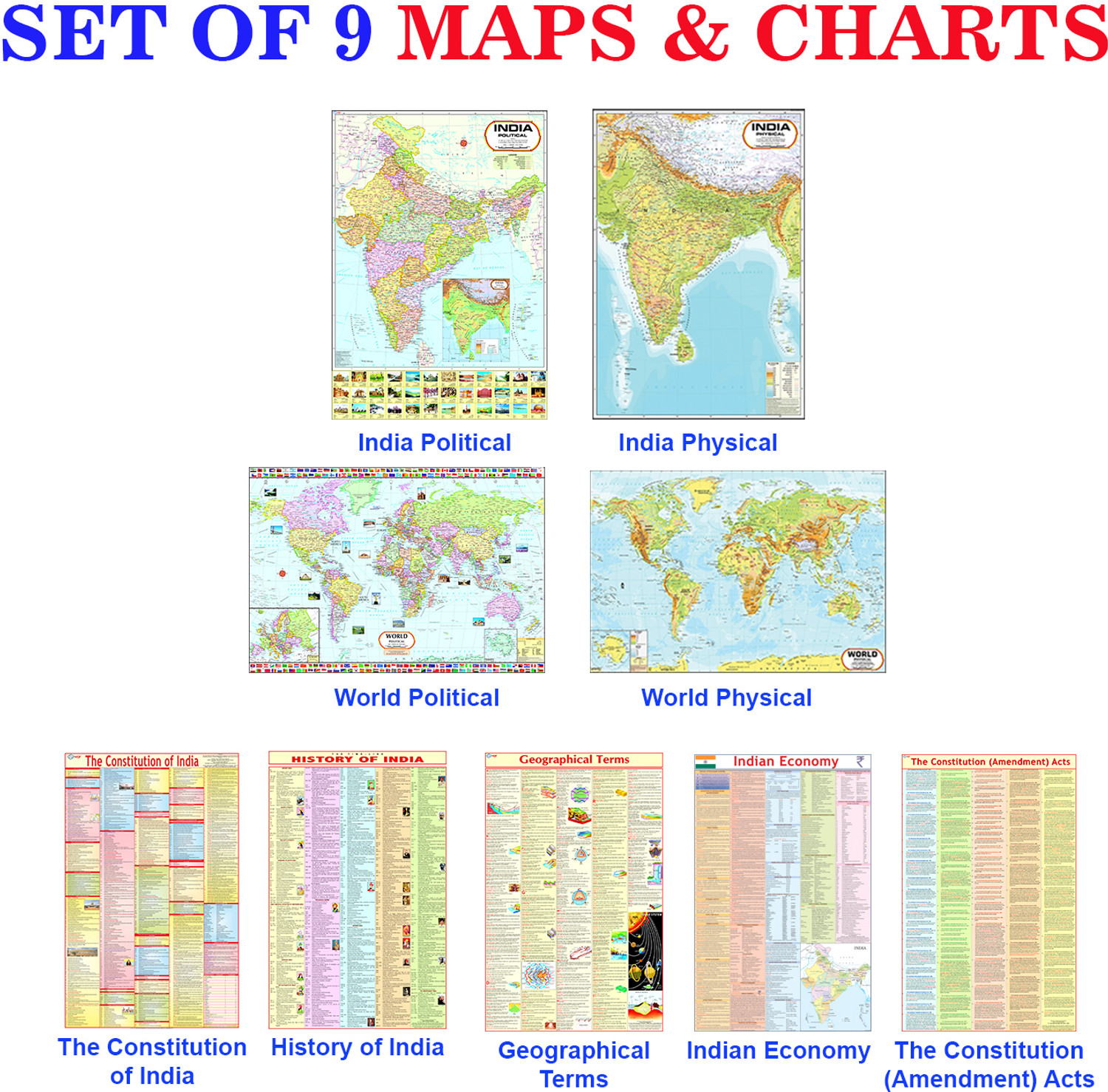 Image of COMBO OF 9 ENGLISH MAPS & CHARTS | India & World Map ( Both Political & Physical ) with History, Constitution, Constitutional Amendments,Indian Economy & Geography Chart Paper Print