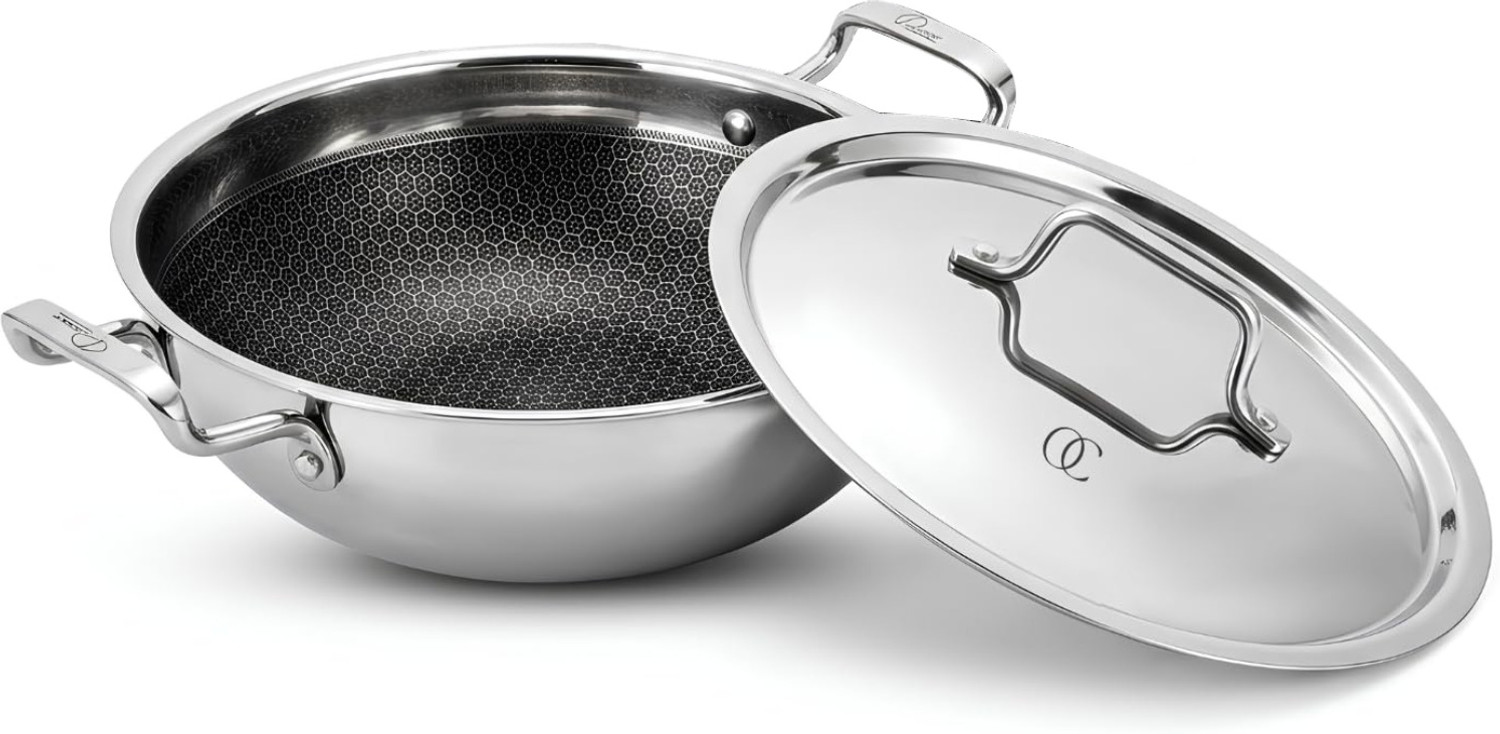Image of Omichef Triply Stainless Steel Honeycomb Kadhai 28 cm diameter with Lid 5 L capacity