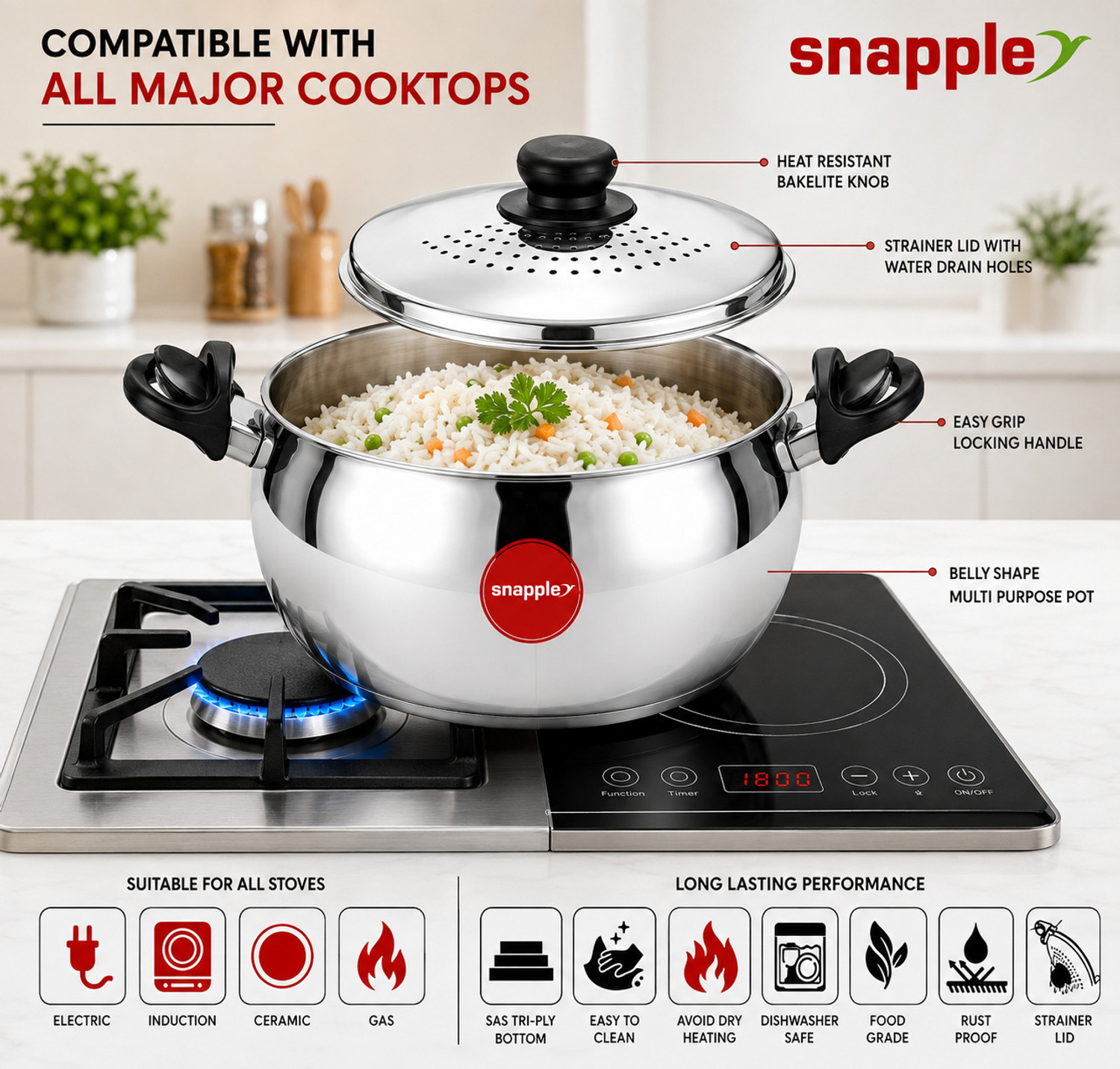Image of Snapple Strainer Rice Pot, Triply Bottom, Pot 22 cm diameter 3 L capacity with Lid (Stainless Steel, Non-stick, Induction Bottom)