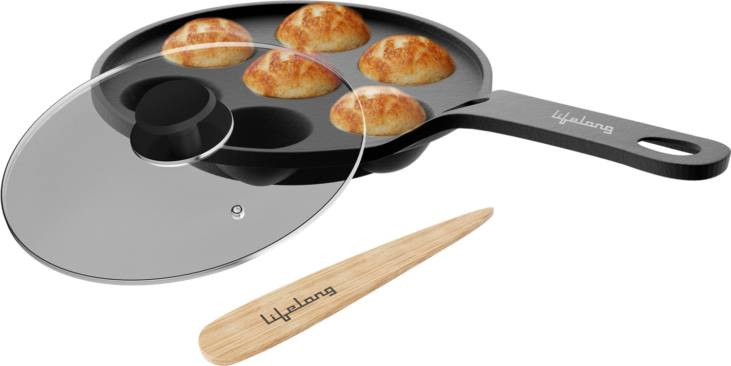 Image of Lifelong Pre-Seasoned Paniyaram Pan with Wooden Spatula, 7 Pits Naturally Non Stick Paniarakkal Pan 21 cm diameter with Lid 0.5 L capacity (Cast Iron, Induction Bottom)