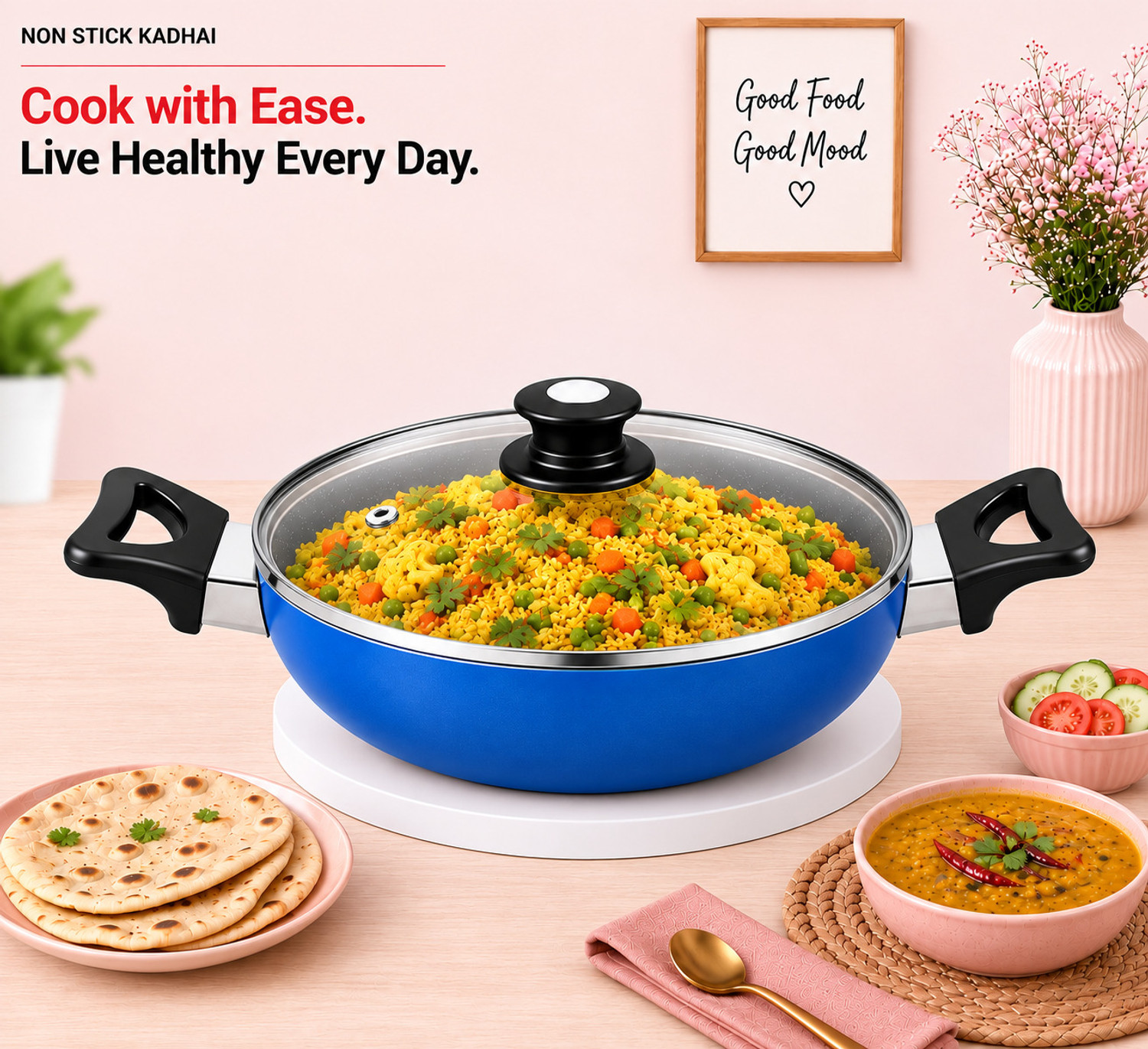 Image of Baltra induction base non stick kadai 26 cm (Blue) Kadhai 26 cm diameter with Lid 4 L capacity (Aluminium, Non-stick, Induction Bottom)