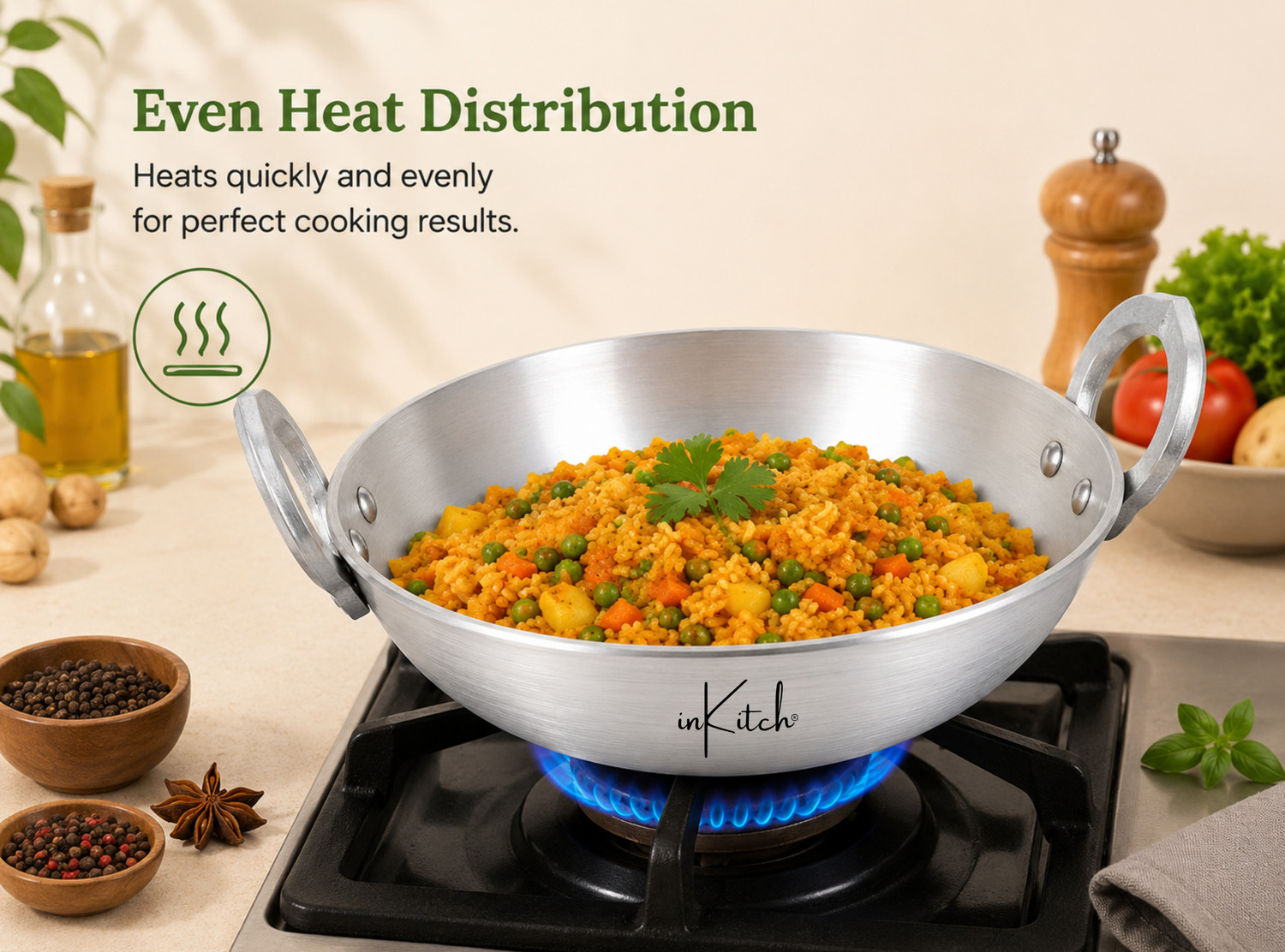Image of inKitch Aluminium Kadhai for Cooking | Multipurpose Kadai | Heavy Gauge | Fast Heating Kadhai 21 cm diameter 1.5 L capacity