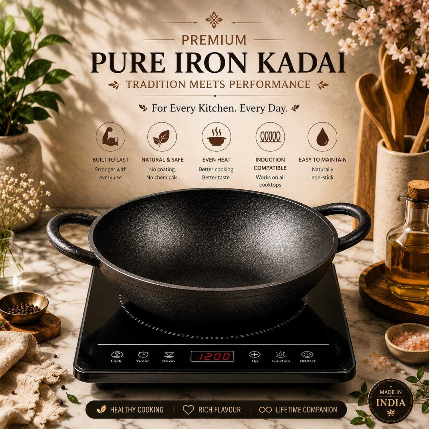 Image of forsel Premium Quality Cast Iron Kadai for Multipurpose Kitchen Cooking Kadhai 25 cm diameter 2.4 L capacity