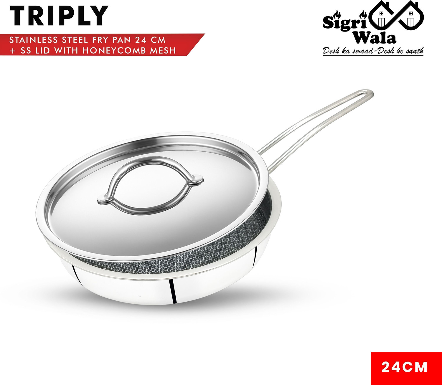 Image of Sigri-wala Cook Healthy Honeycomb Mesh Fry Pan 24 cm diameter with Lid 1.8 L capacity