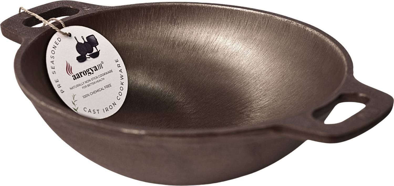 Aarogyam Pre-seasoned Cast Iron Round Kadai, 10″ Inches, Kadhai 25 cm diameter 1.4 L capacity
