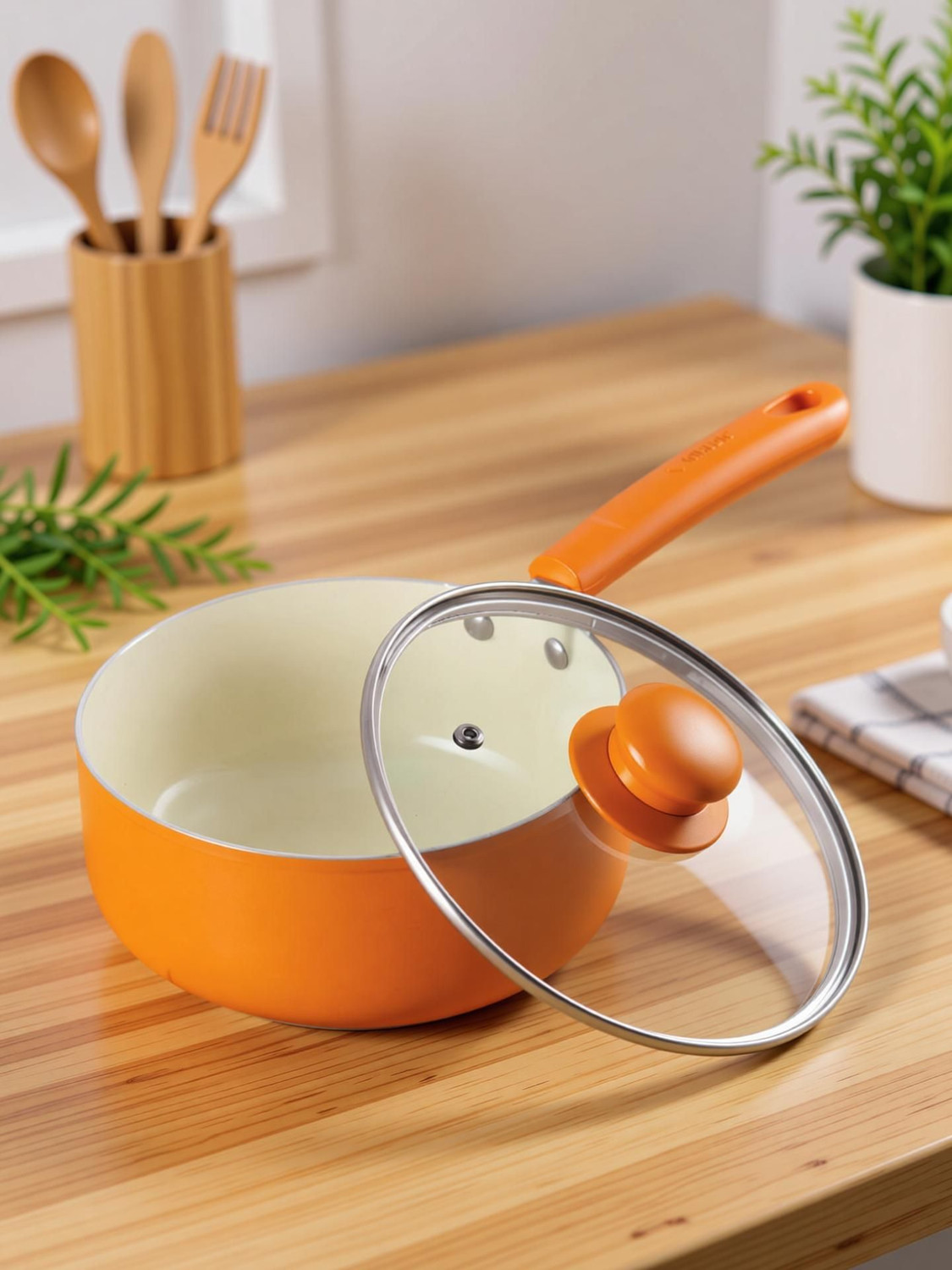 Image of NIRLON Non Stick Induction Base Ceramic Coated Sauce Pan with Glass Lid, Induction Sauce Pan 18 cm diameter with Lid 2.2 L capacity