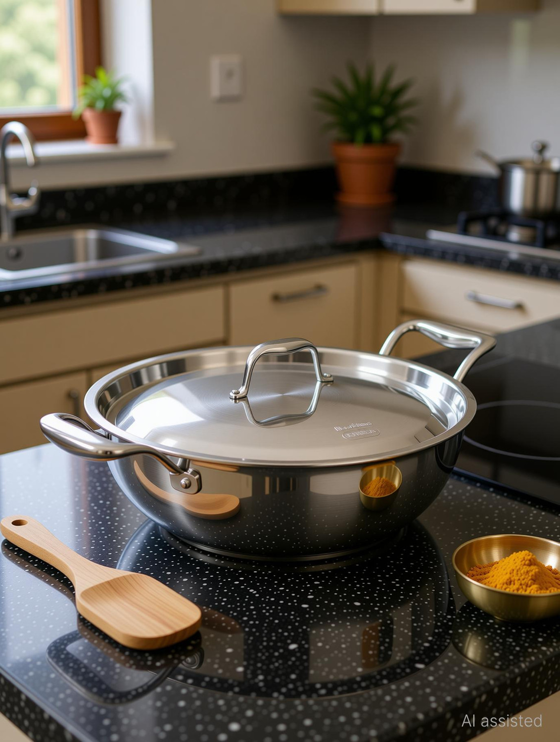 Image of Hawkins Pro Stainless Steel Handles and Stainless Steel Lid Kadhai 28 cm diameter with Lid 5 L capacity