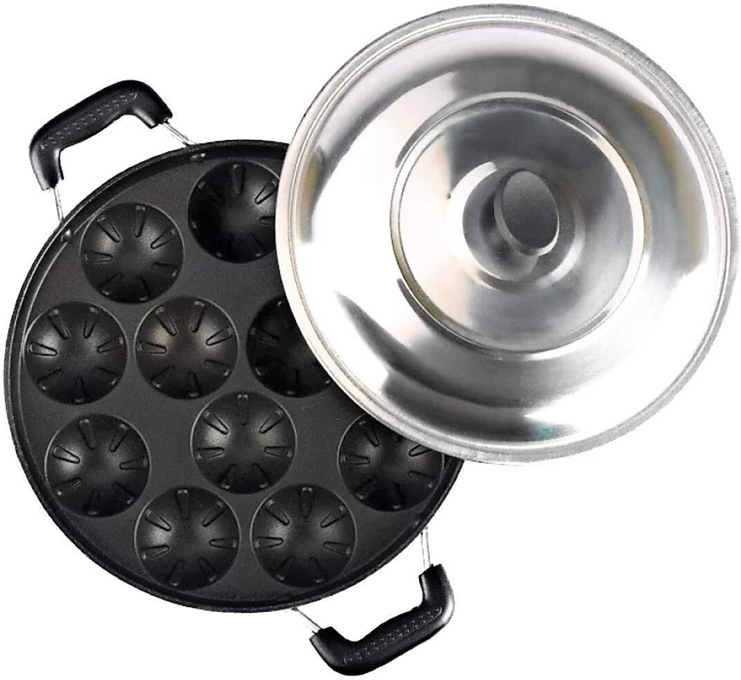 ATROCK Aluminium 12 Cavity Appam Patra Paniyarakkal Two Side Handle with Steel lid Appachatty Pan 24 cm diameter with Lid 0.5 L capacity