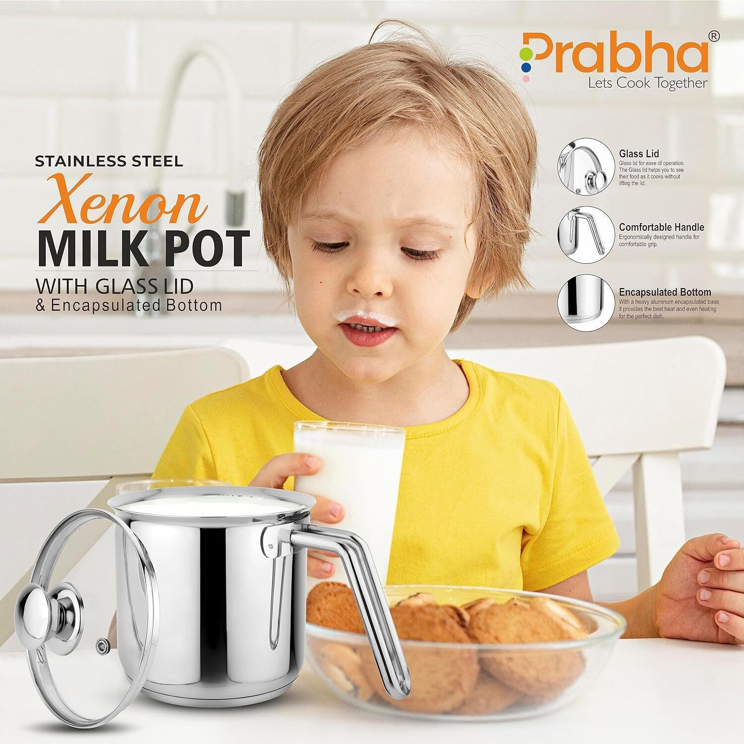 Image of PRABHA Heavy Gauge Encapsulated Base Stainless Steel Plain Milk Pot Milk Boiler Pot 17 cm diameter 2.5 L capacity with Lid