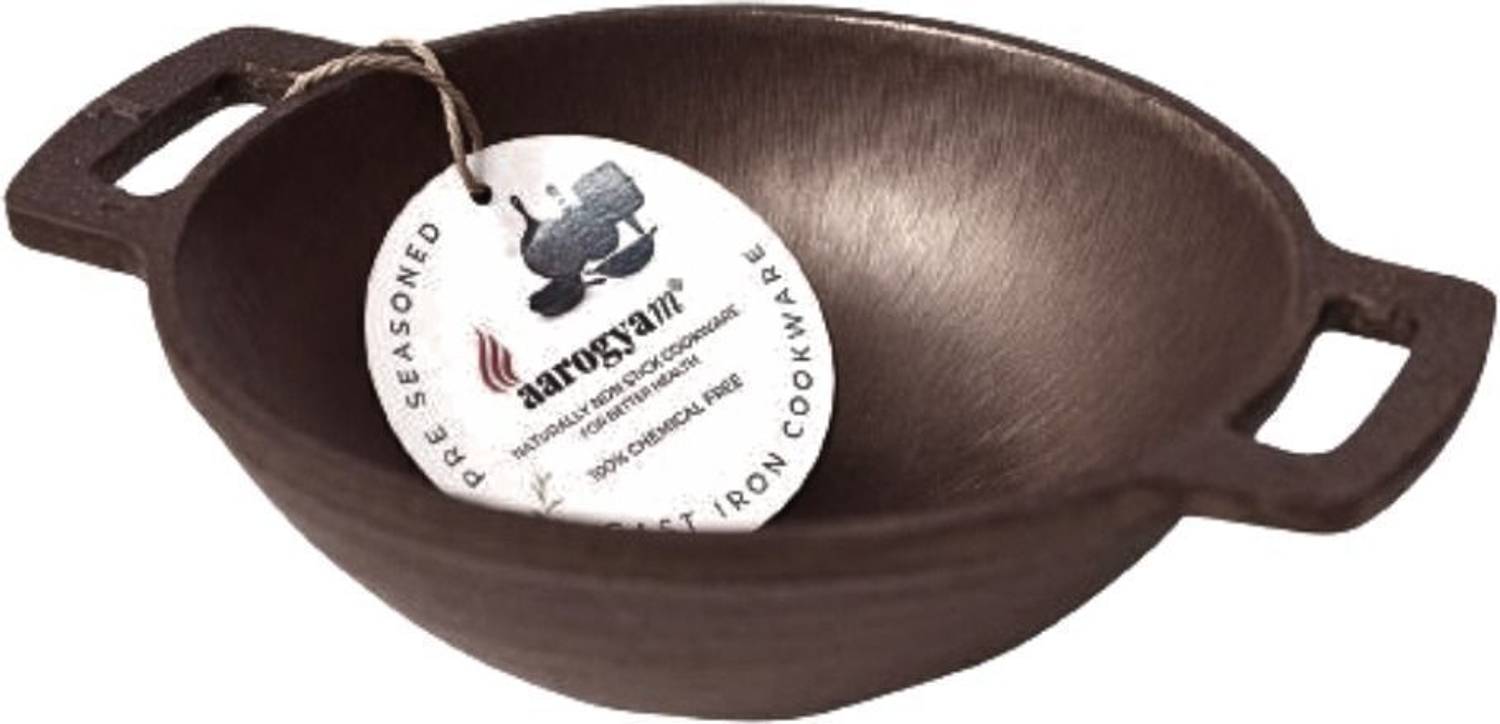 Aarogyam Pre-seasoned Cast Iron Round Kadai, 7″ Inches, Kadhai 18 cm diameter 1.1 L capacity