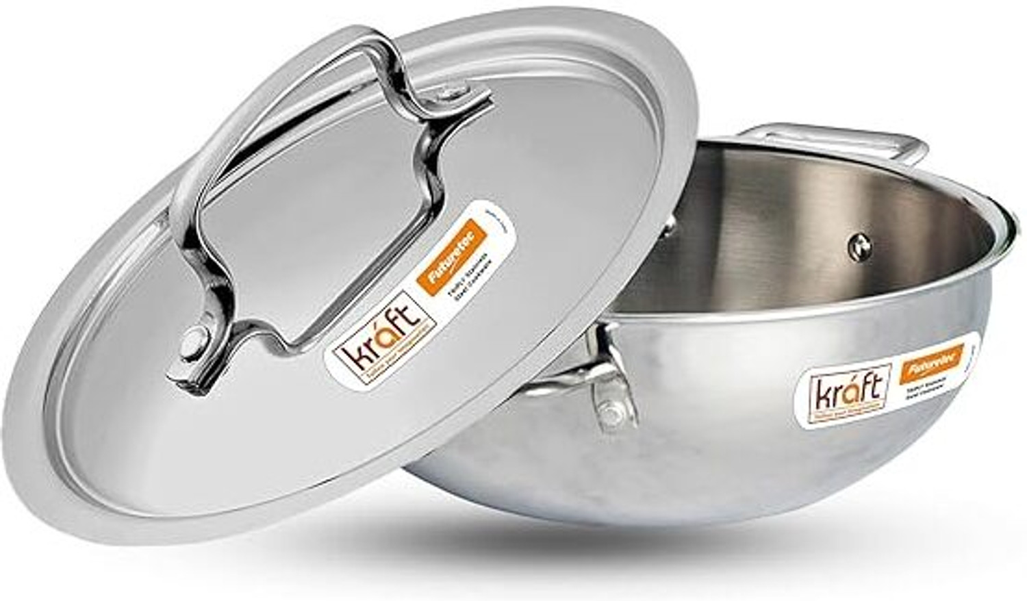 Image of Kraft Stainless Steel Futuretec Triply Stainless Steel Extra Deep Kadhai 24 cm diameter with Lid 3.3 L capacity