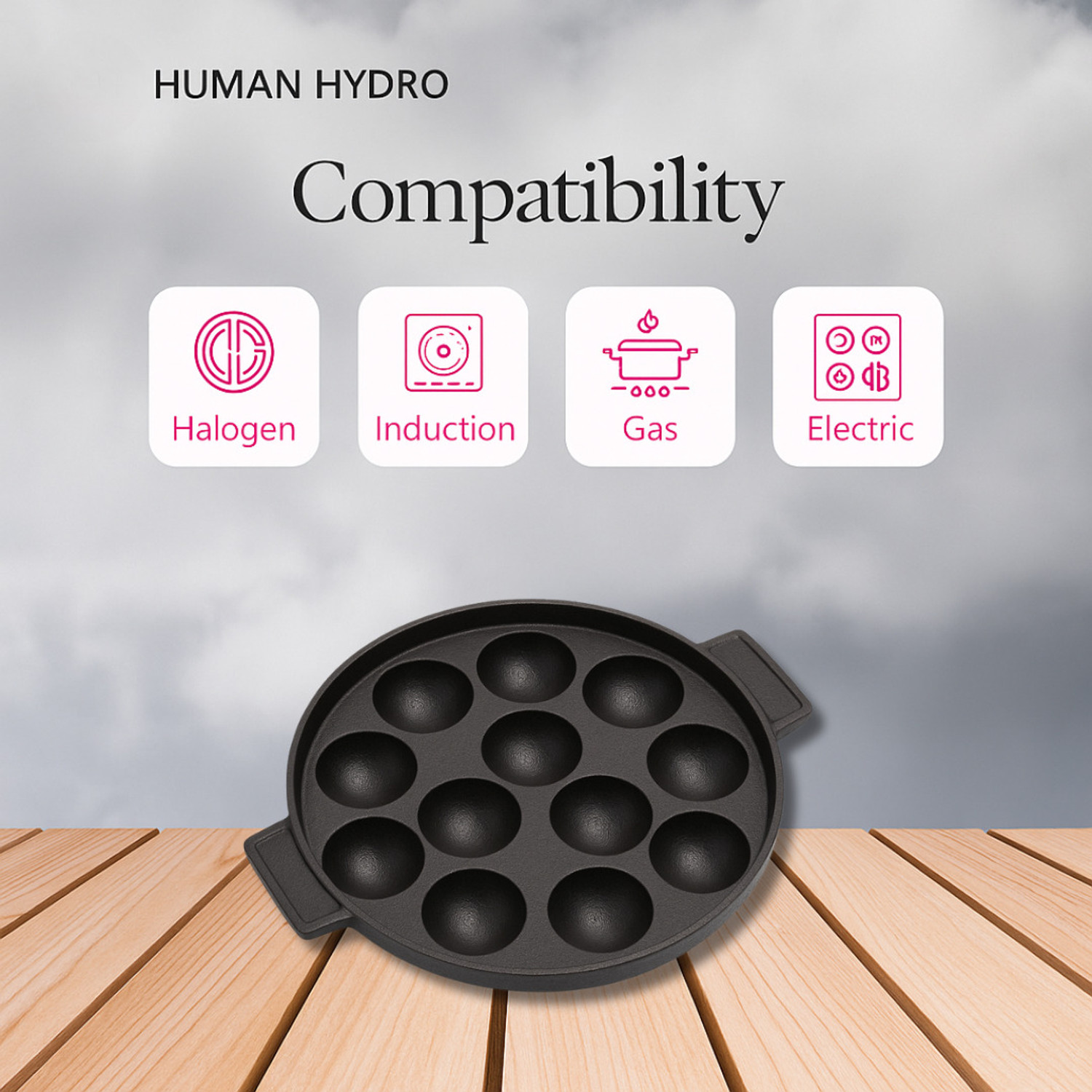 Image of Human Hydro IronCure Cast Iron 12-Pit Paniyaram Pan with Glass Lid & Wooden Spatula Paniarakkal Pan 20 cm diameter with Lid 1.2 L capacity