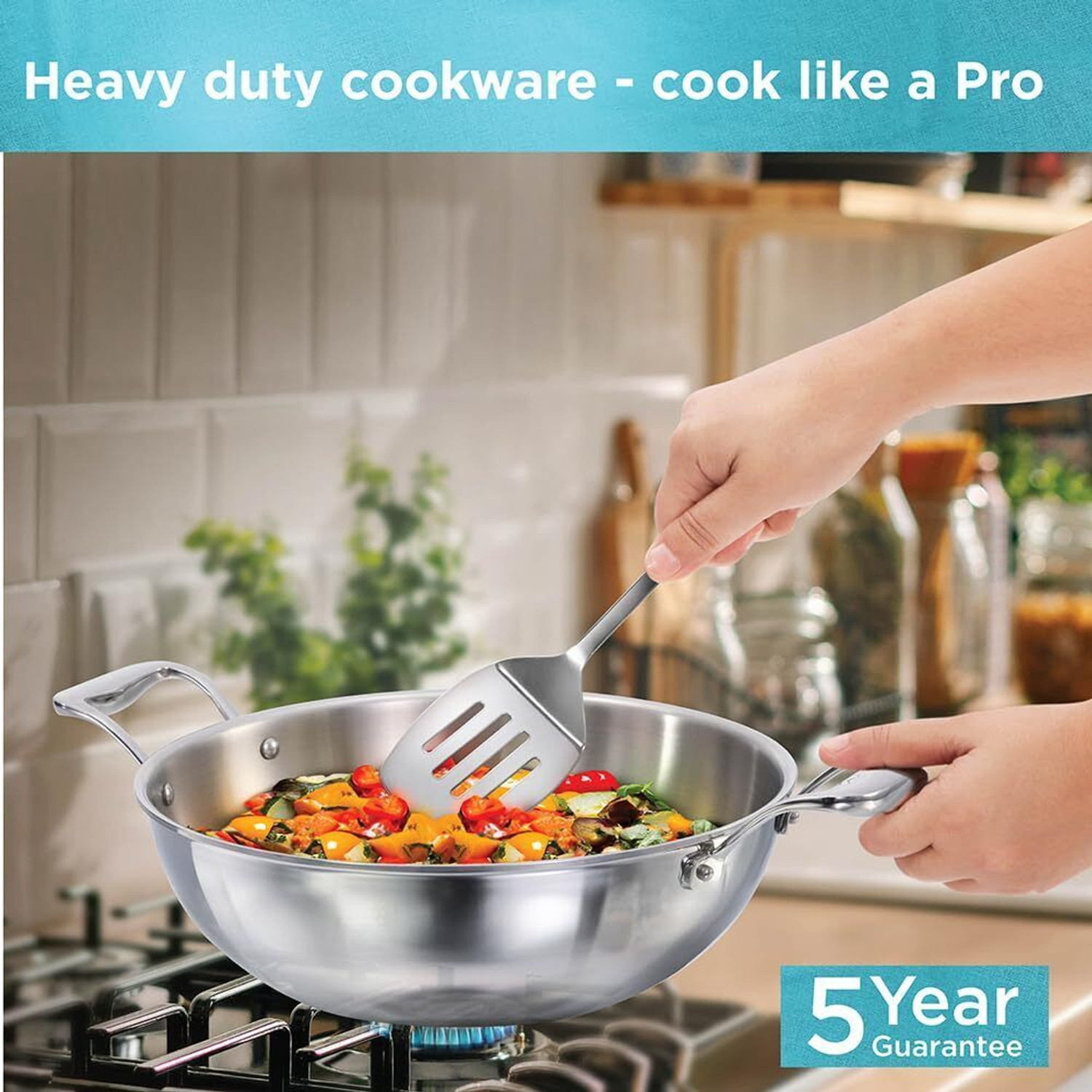 Image of Hawkins Pro Stainless Steel Handles and Stainless Steel Lid Kadhai 28 cm diameter with Lid 5 L capacity