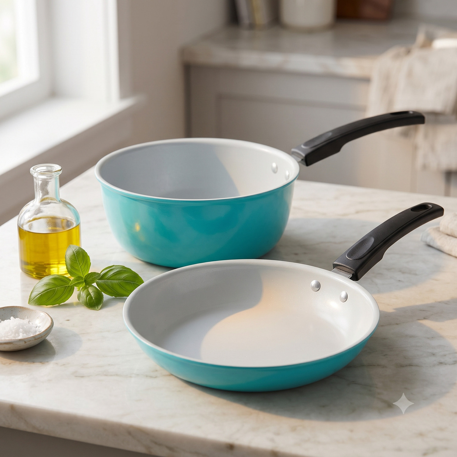 Image of My Store Premium NonStick 2-Piece Cookware Set (Medium Saucepan 20cm + Frypan 23cm, Cyan) Stir Fry Pan 20 cm, 23 cm diameter 1.2 L, 1.4 L capacity