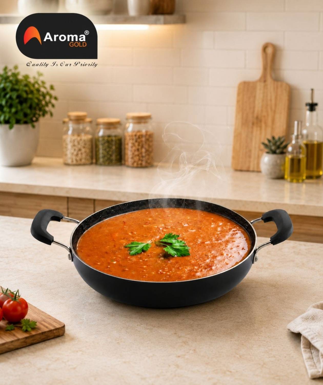 AROMAGOLD Marble Finish Deep Kadhai with See Through Glass Lid for Cooking Kadhai 26 cm diameter with Lid 3 L capacity — Kadai & Handi