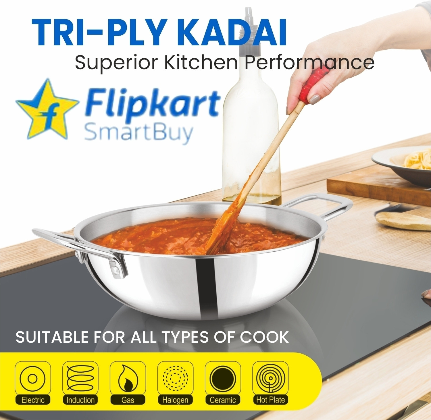 Image of Flipkart SmartBuy Triply Stainless Steel Extra Deep Kadai with Lid & Wide Grip Handles Kadhai 24 cm diameter with Lid 3.3 L capacity