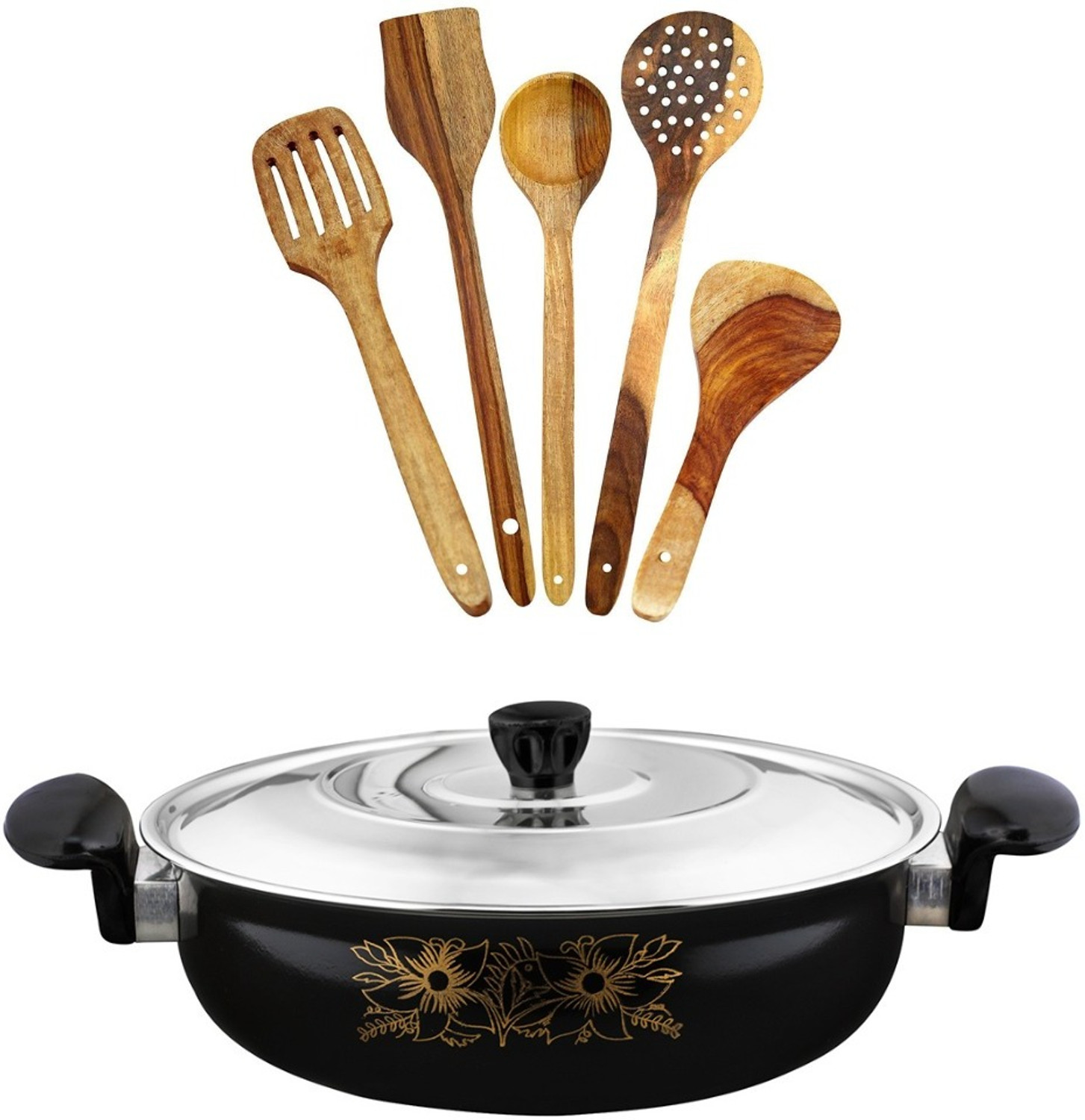 Image of Cook Pro Cookpro |Black kadai /kadhai /karahi with lid and 5pcs multipurpose spatula set Kadhai 26 cm diameter with Lid 3.5 L capacity