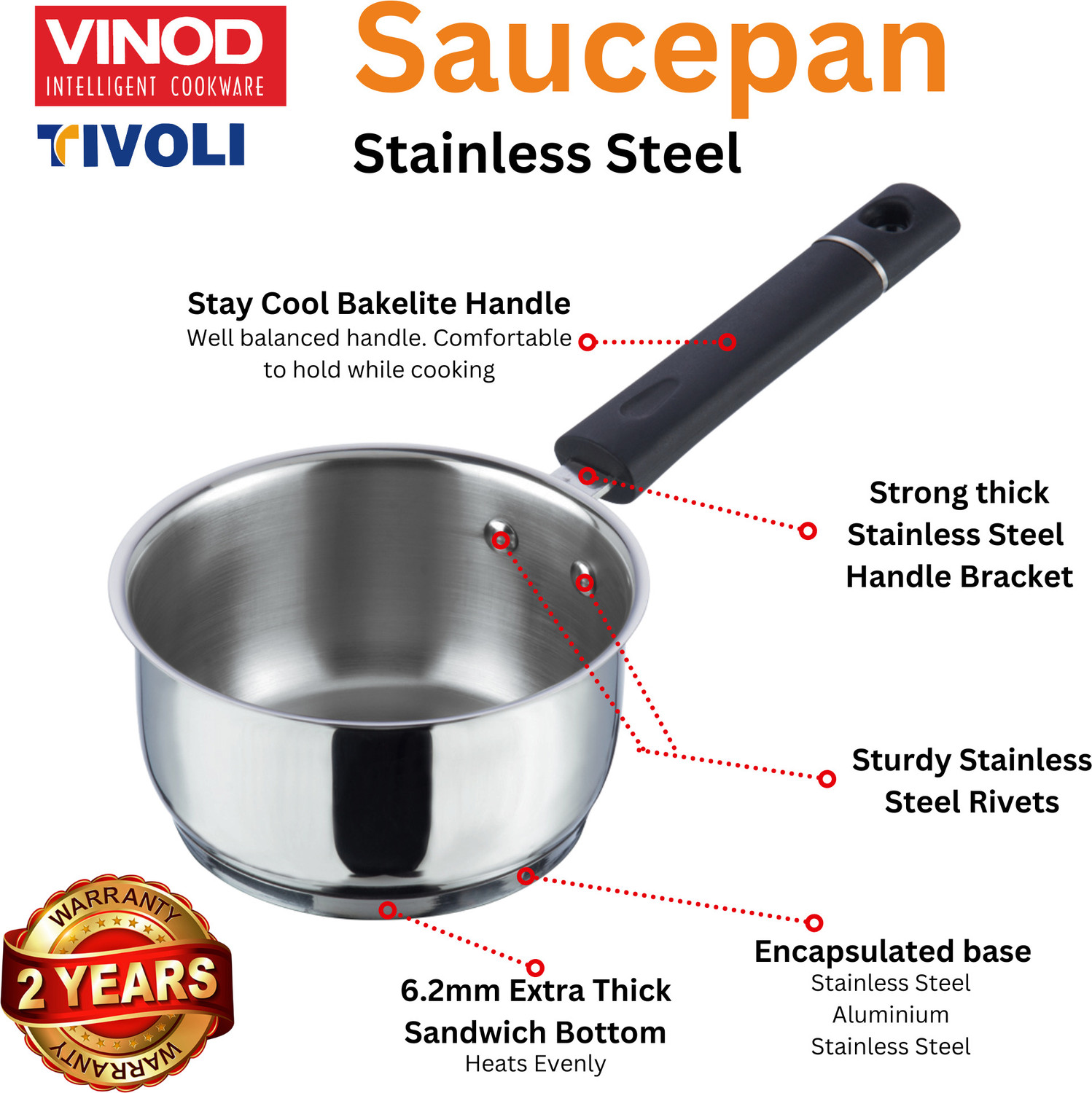 Image of VINOD Stainless Steel Tivoli Saucepan Without Lid Sauce Pan 18 cm diameter 2.3 L capacity