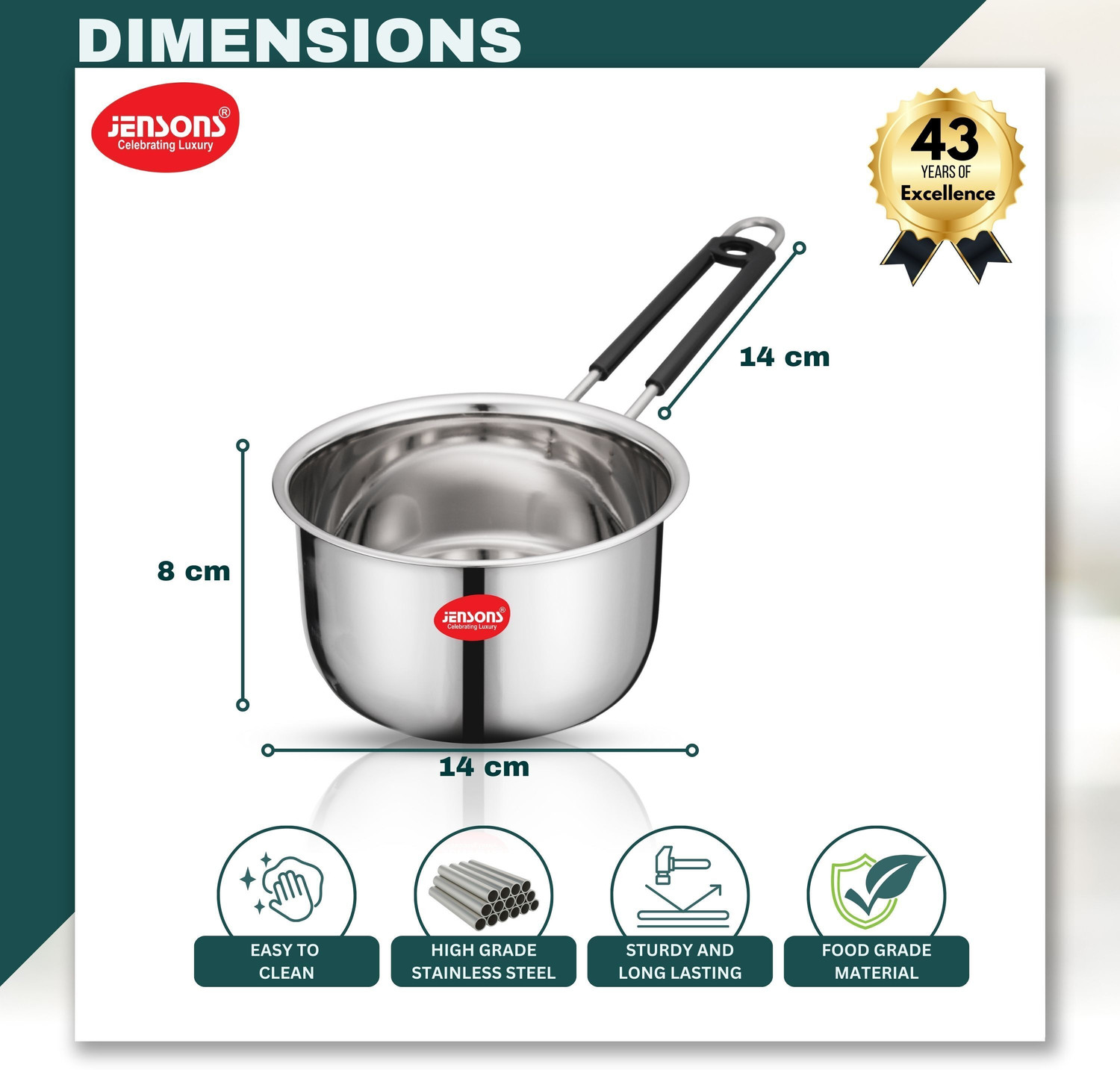 Image of Jensons Premium Quality Stainless Steel Sauce Pan 14 cm diameter 1 L capacity