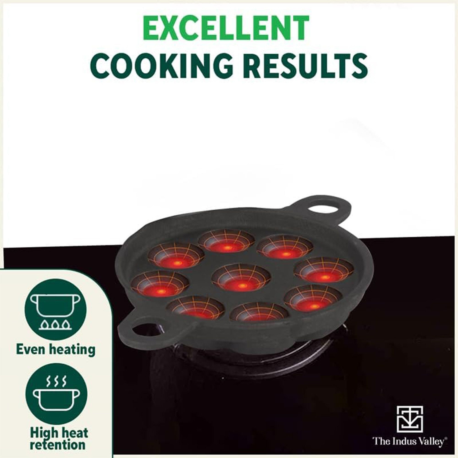 Image of The Indus Valley Pre-Seasoned Cast Iron Paniyaram /Paddu Pan with Free Wooden Picker|9 Pit Paniarakkal Pan 20.8 cm diameter 0 L capacity