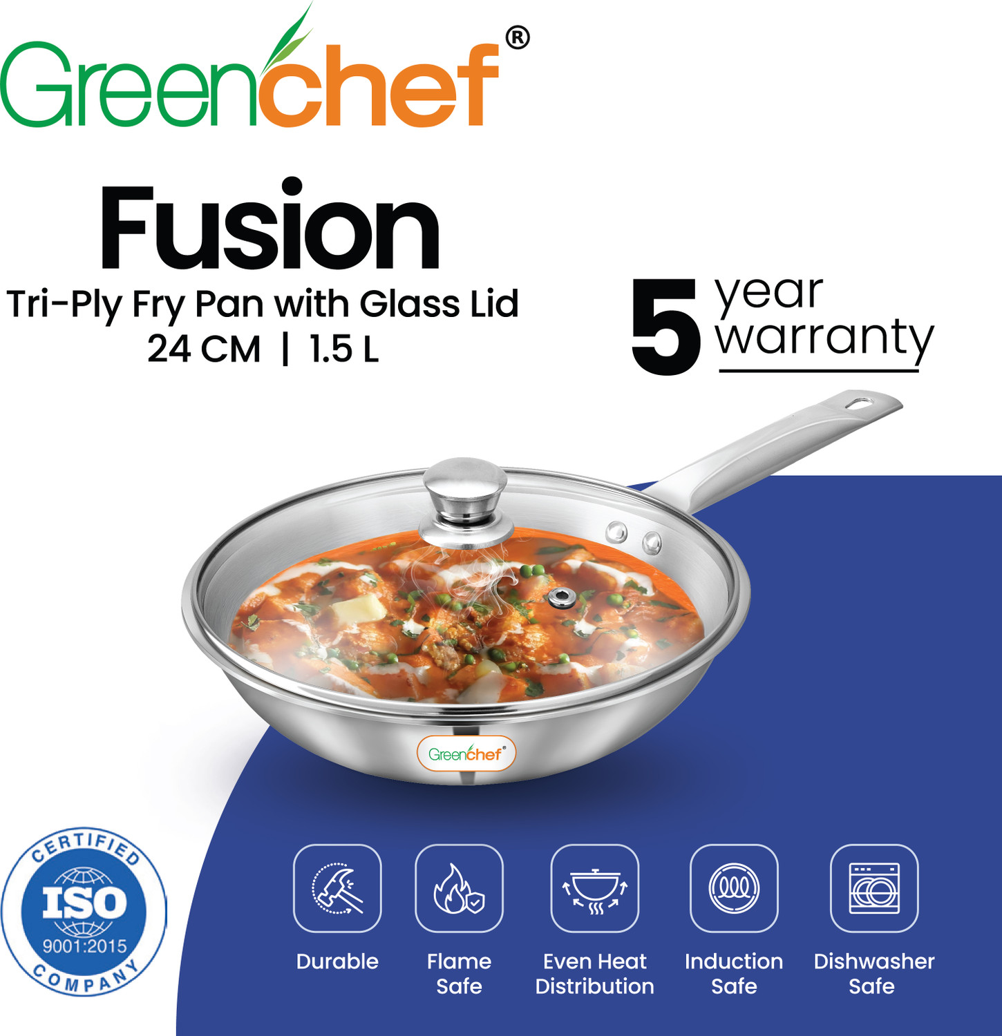 Image of Greenchef Fusion three layers triply Fry pan with glass lid 24CM Fry Pan 24 cm diameter with Lid 1.5 L capacity (Triply, Non-stick, Induction Bottom)