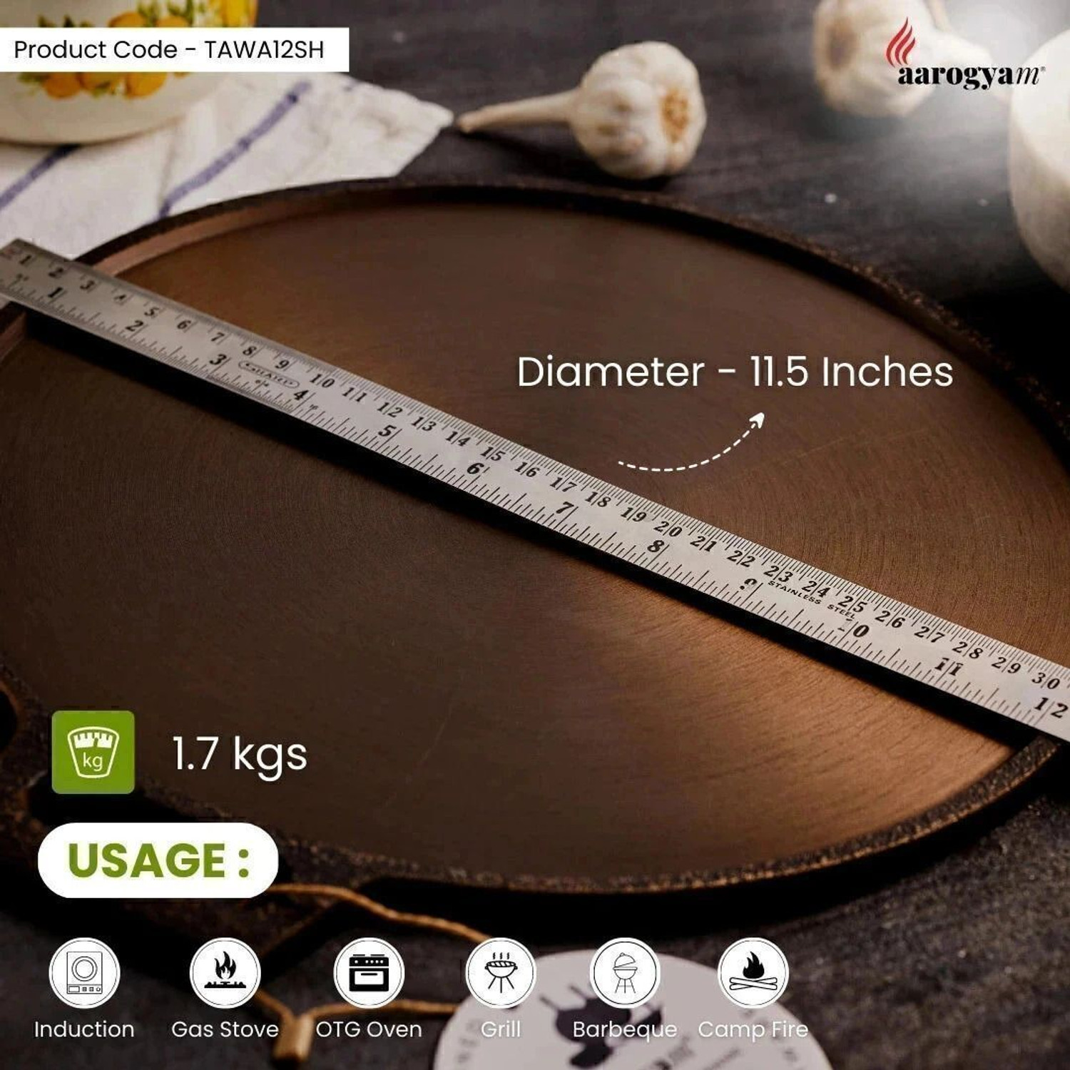 Image of Aarogyam Cast Iron Dosa Tawa Single Handle, Pre Seasoned, 12 Inch Diameter Tawa 31 cm diameter