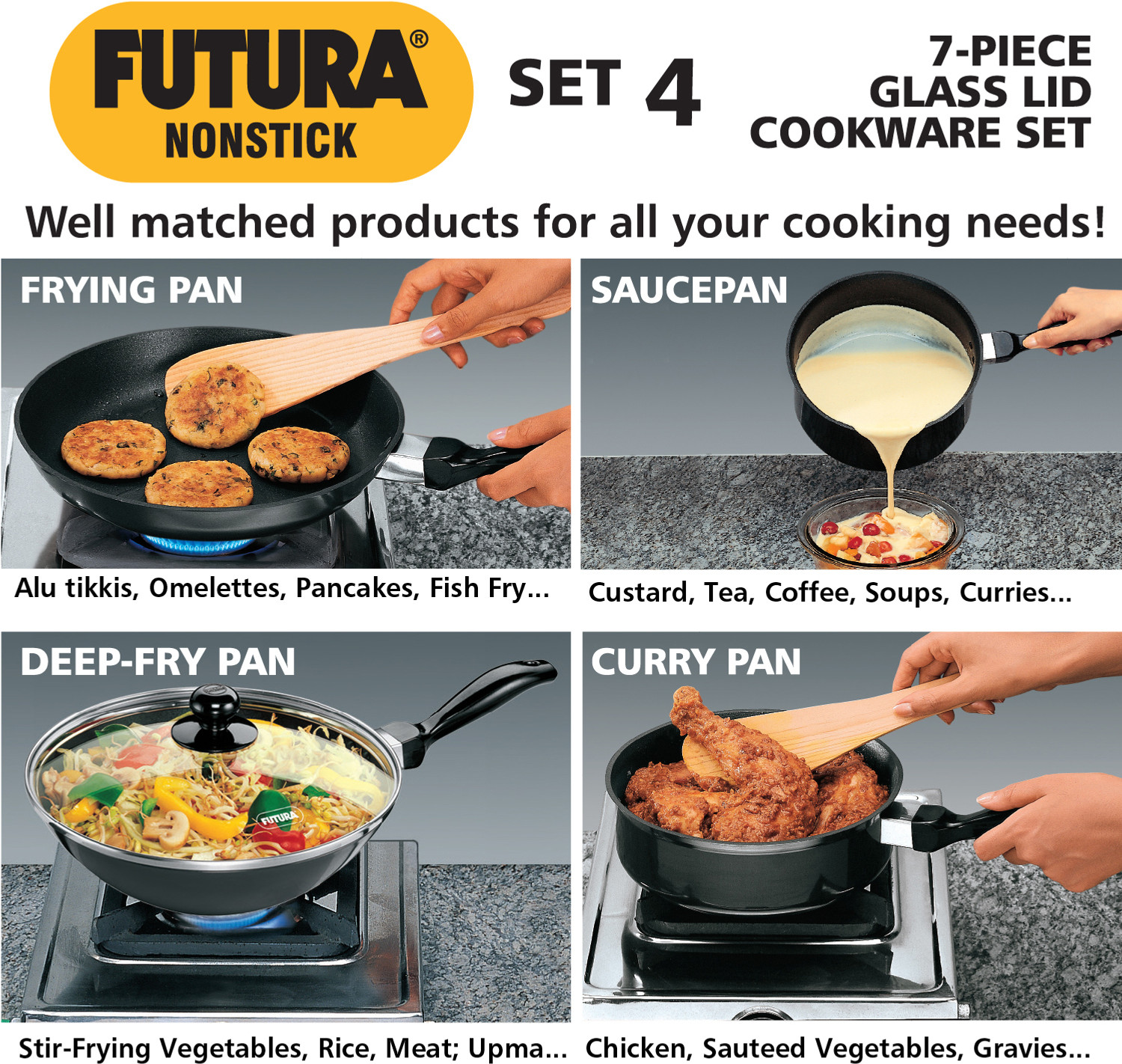 Image of Hawkins Futura 5 Pc Cookware Set 4-Frying, Stir-Fry, Curry and Sauce Pans Combo (NSET4) Pot 26 cm diameter 1 L capacity with Lid