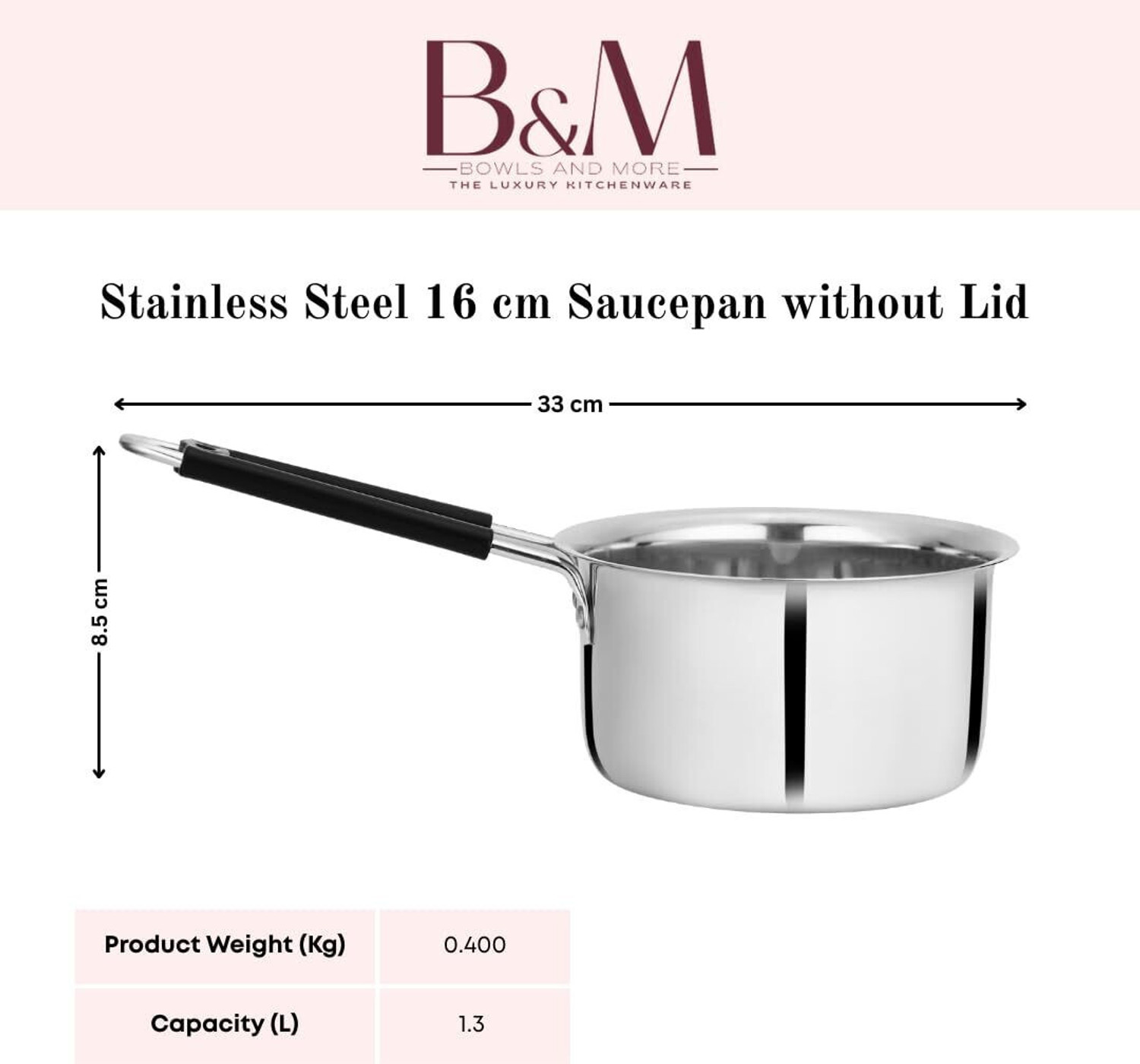 Image of Bowls & More Flat Bottom Sauce Pan | Heavyduty Stainless Steel With Heat-Resistant Handle Sauce Pan 16 cm diameter with Lid 1.3 L capacity (Stainless Steel, Non-stick)
