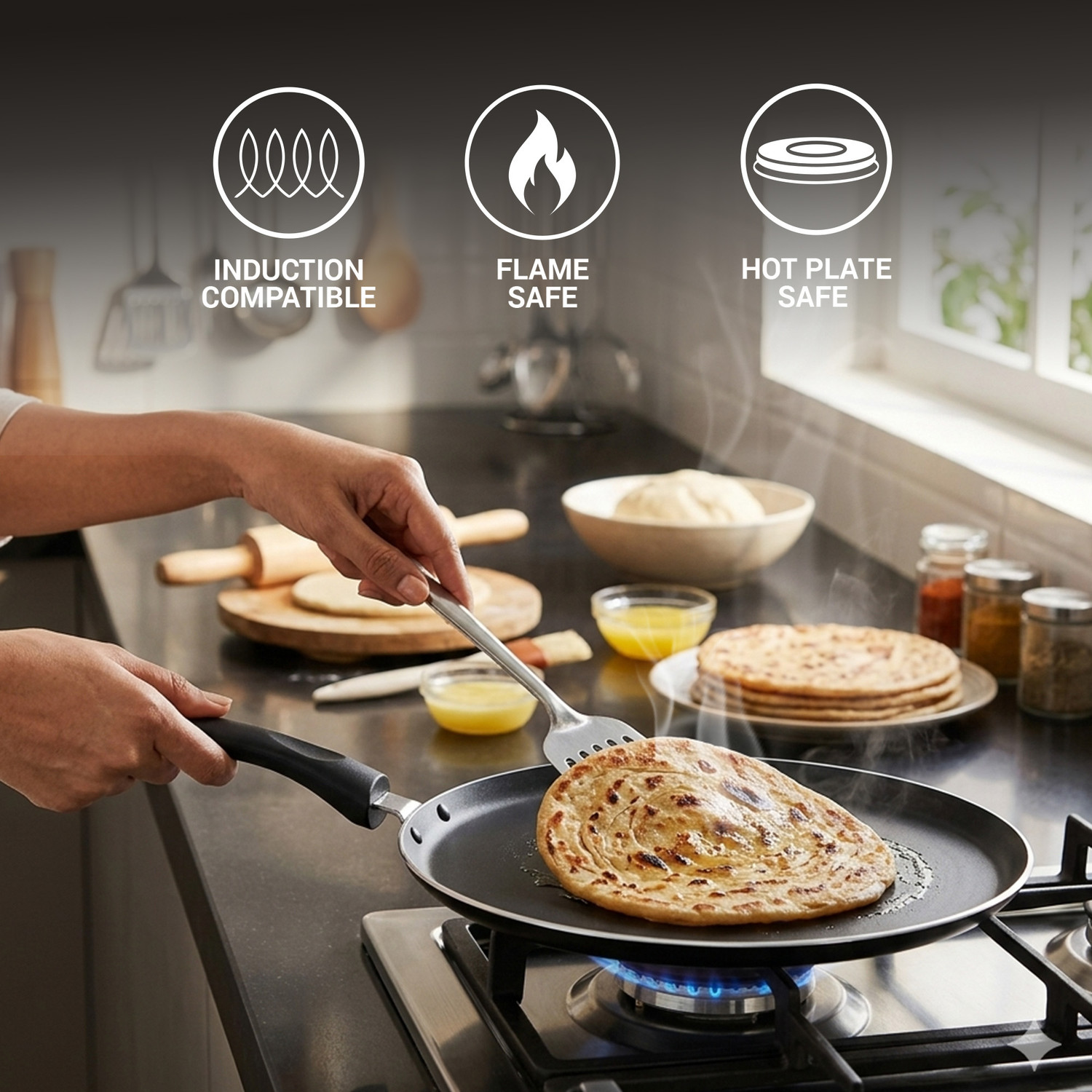 Image of MILTON Pro Cook 28cm Dosa Tawa Non-Stick Greblon C3+ Coating Induction Gas Compatible Tawa 28 cm diameter (Aluminium, Non-stick, Induction Bottom)