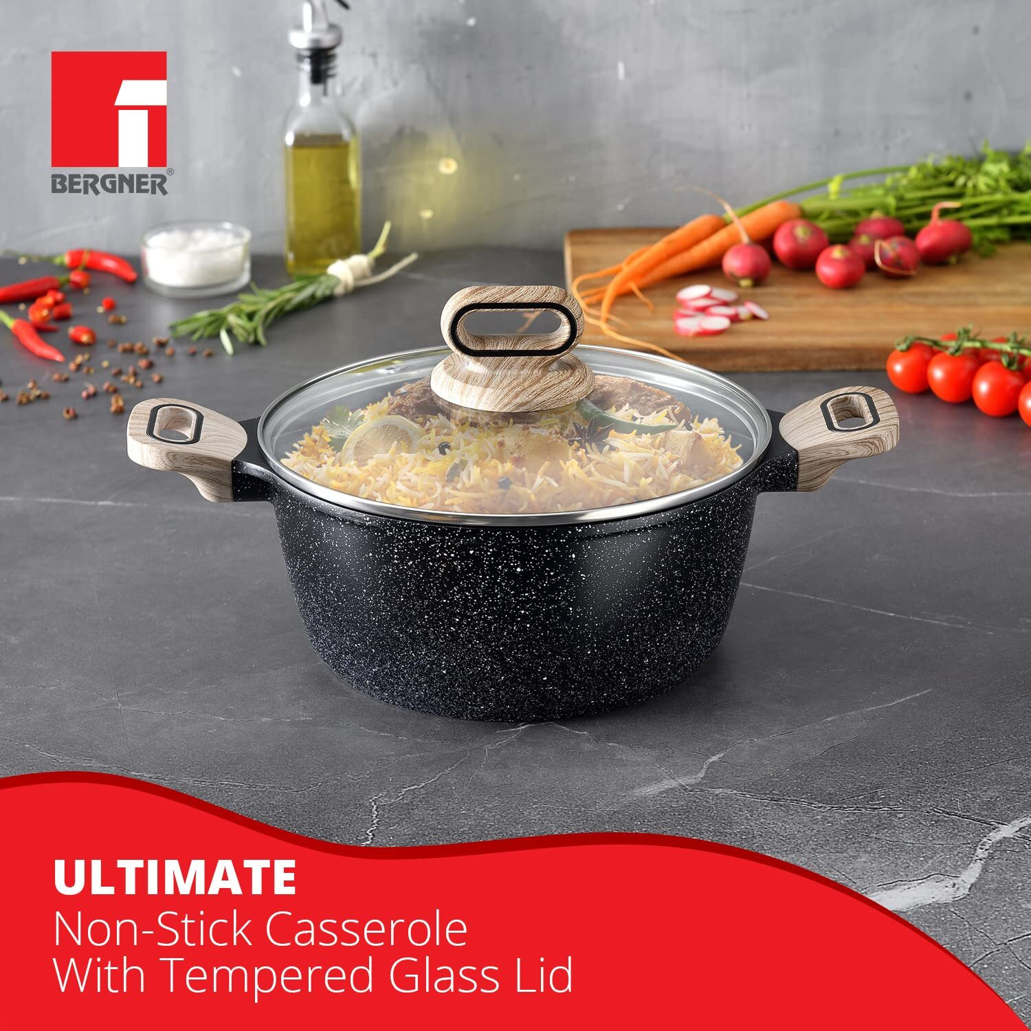 Image of BERGNER Ultimate ILag Marble Non-Stick Induction Base Dutch Oven with Lid 3.8 L capacity 24 cm diameter