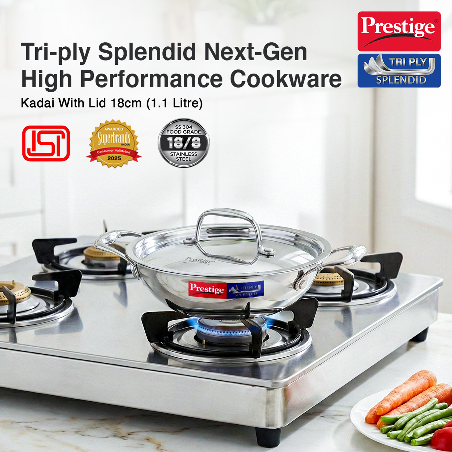 Image of Prestige Tri-Ply Stainless Steel Splendid Kadhai 18 cm diameter with Lid 1.2 L capacity