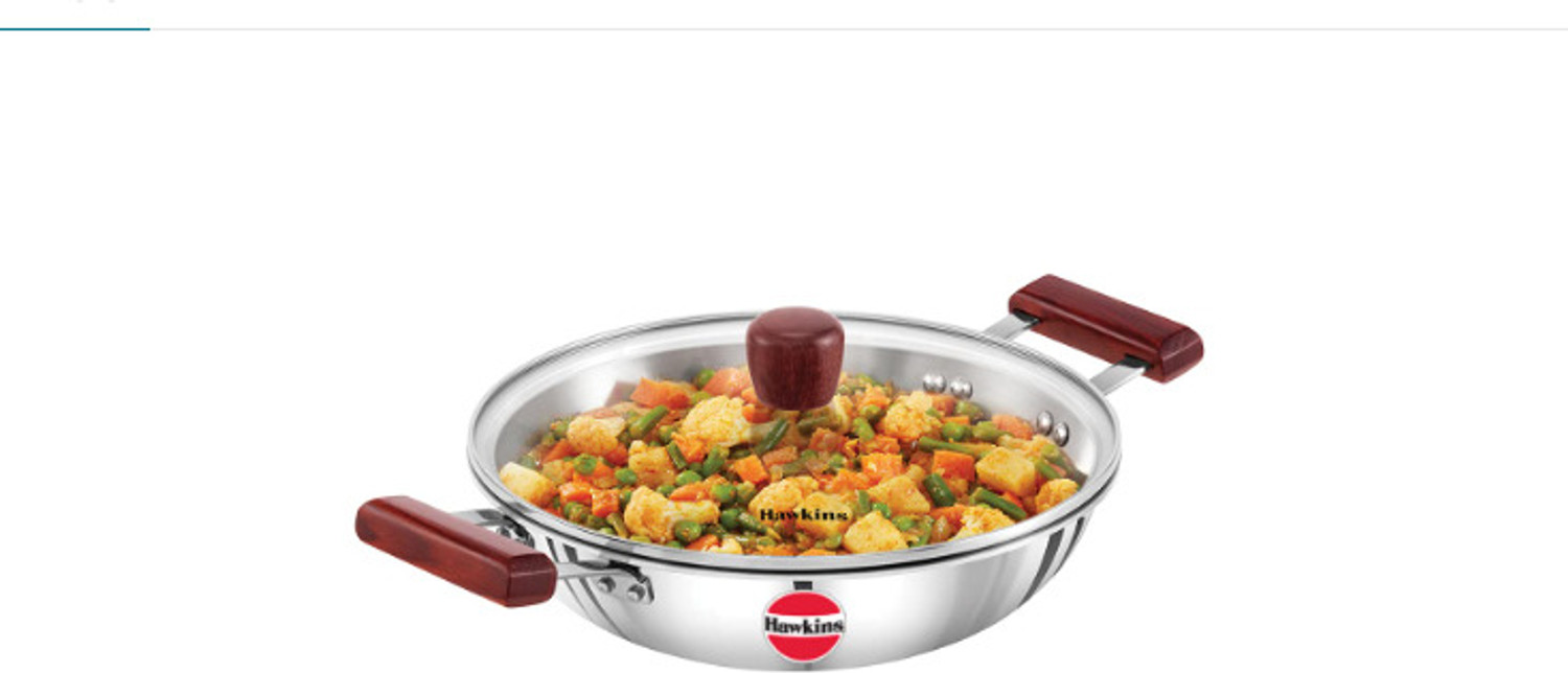 Image of Hawkins 2.5 Litre Deep Fry Pan, Triply Stainless Steel Kadai with Glass Lid Fry Pan 22 cm diameter with Lid 2.5 L capacity