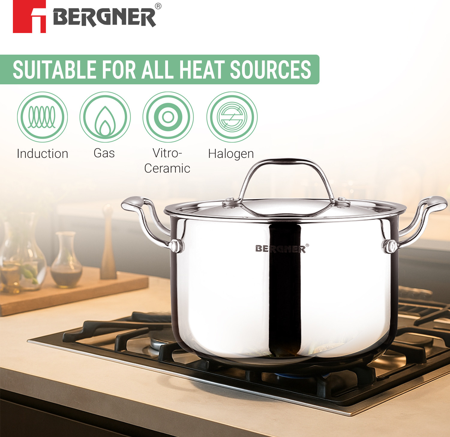 Image of BERGNER Argent Samsara Triply Stock Pot with Stainless Steel Lid, Handi / Casserole, Pot 28 cm diameter 10 L capacity with Lid