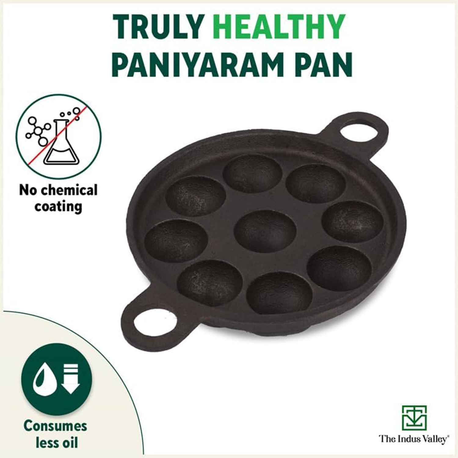 Image of The Indus Valley Pre-Seasoned Cast Iron Paniyaram /Paddu Pan with Free Wooden Picker|9 Pit Paniarakkal Pan 20.8 cm diameter 0 L capacity