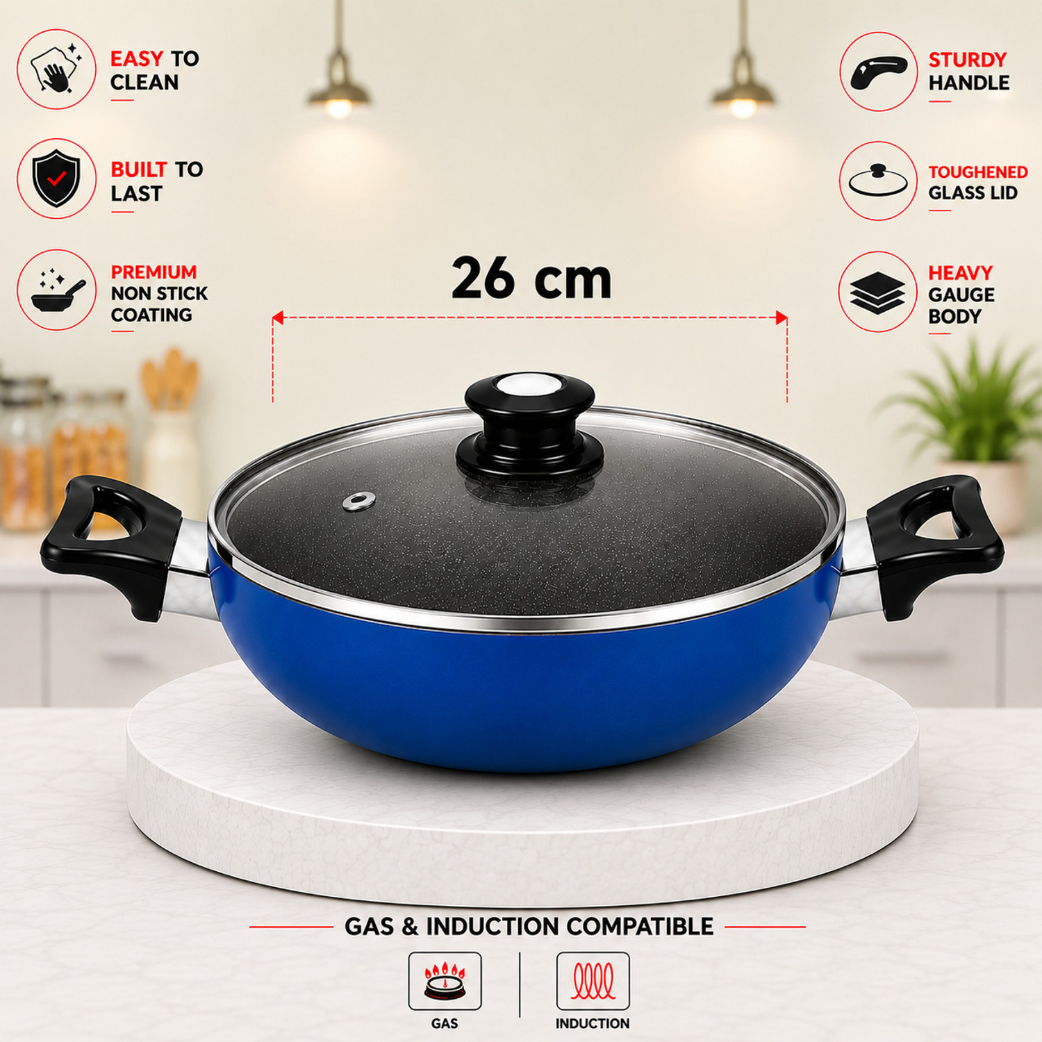Image of Baltra induction base non stick kadai 26 cm (Blue) Kadhai 26 cm diameter with Lid 4 L capacity (Aluminium, Non-stick, Induction Bottom)
