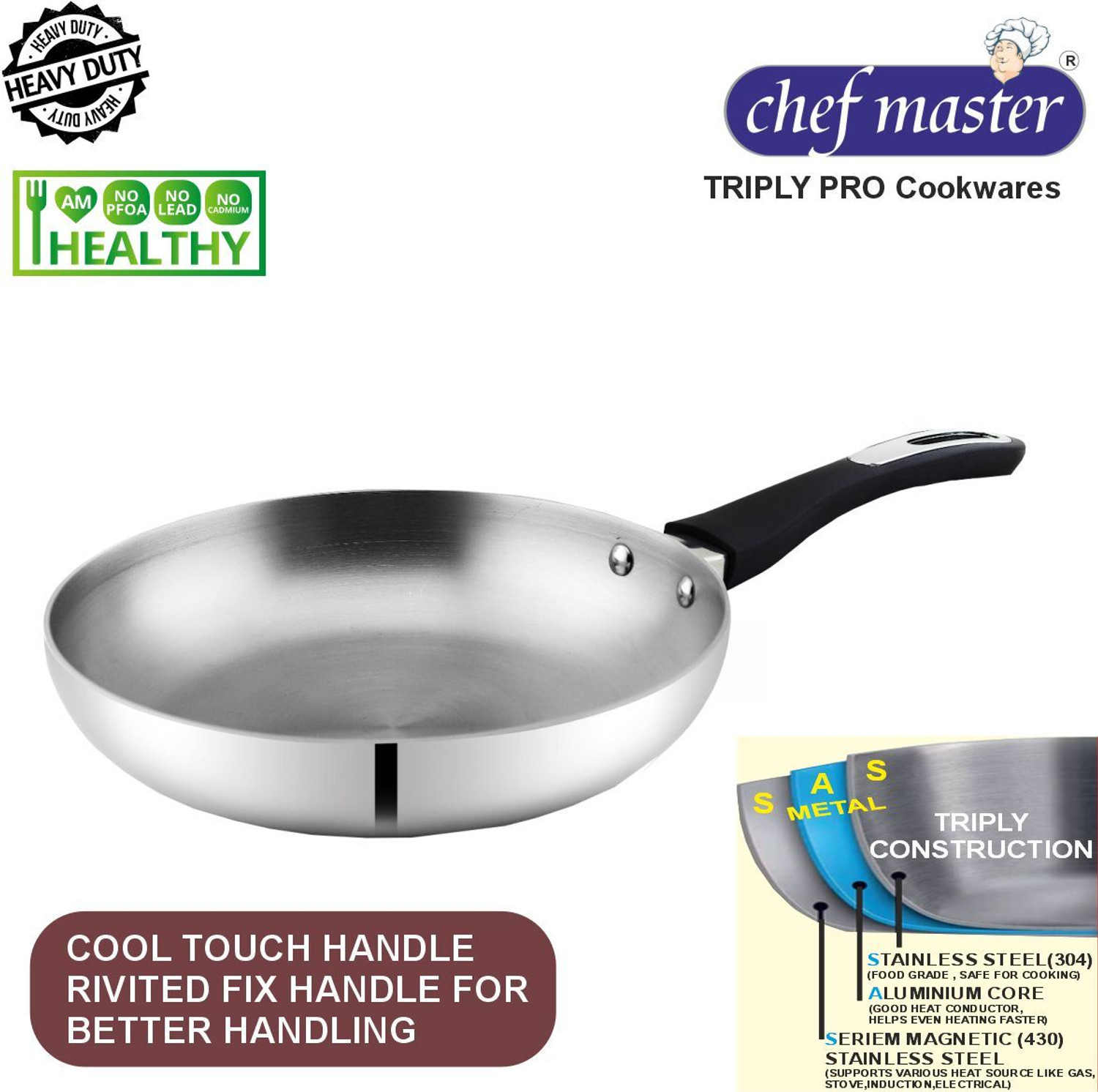 Image of Chefmaster Platinium Induction Bottom 24cm Triply Stainless Steel Frypan Fry Pan 24 cm diameter 1.5 L capacity