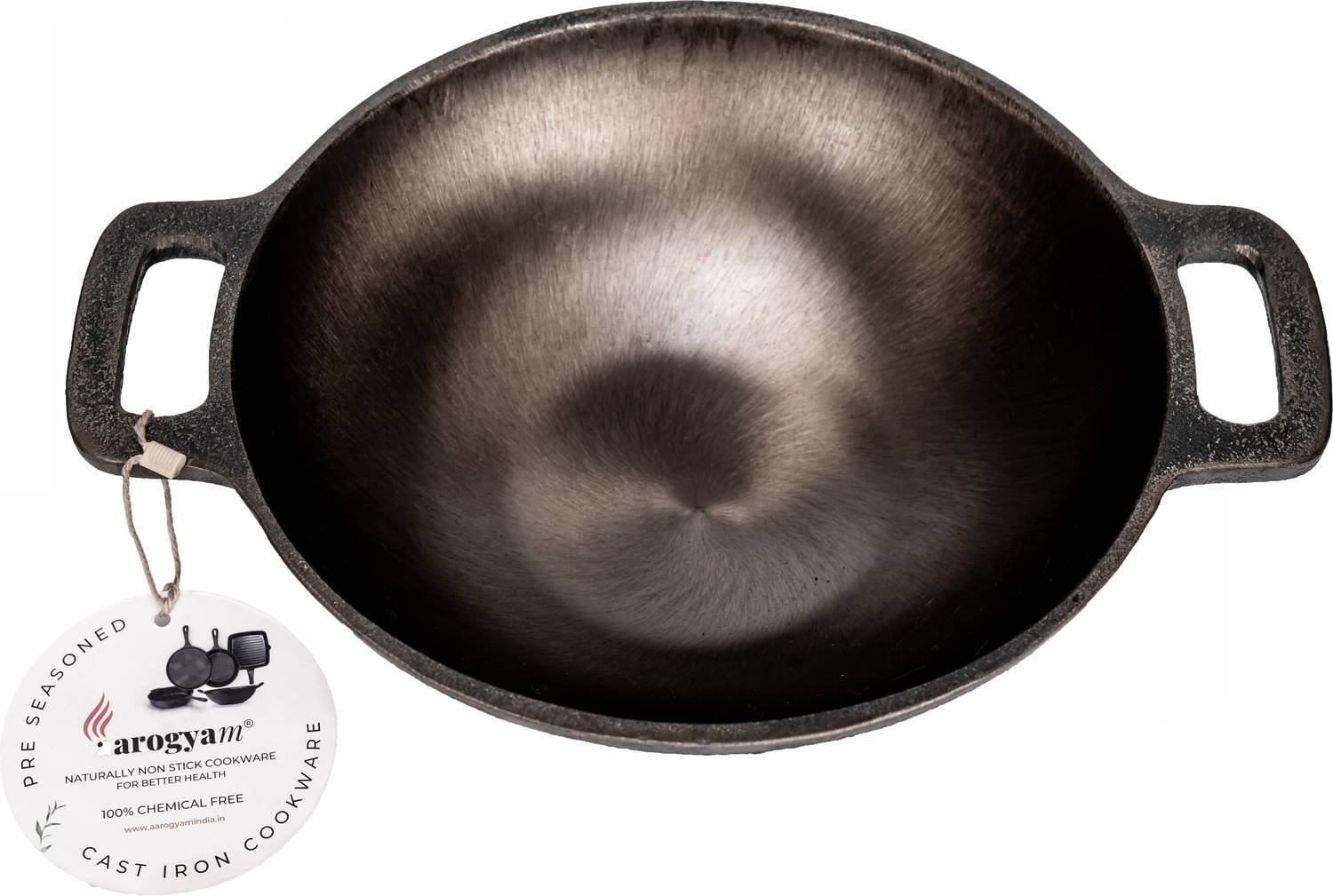 Aarogyam Cast Iron Round Kadai 10 Inches, Pre Seasoned Kadhai 25.4 cm diameter 2.5 L capacity