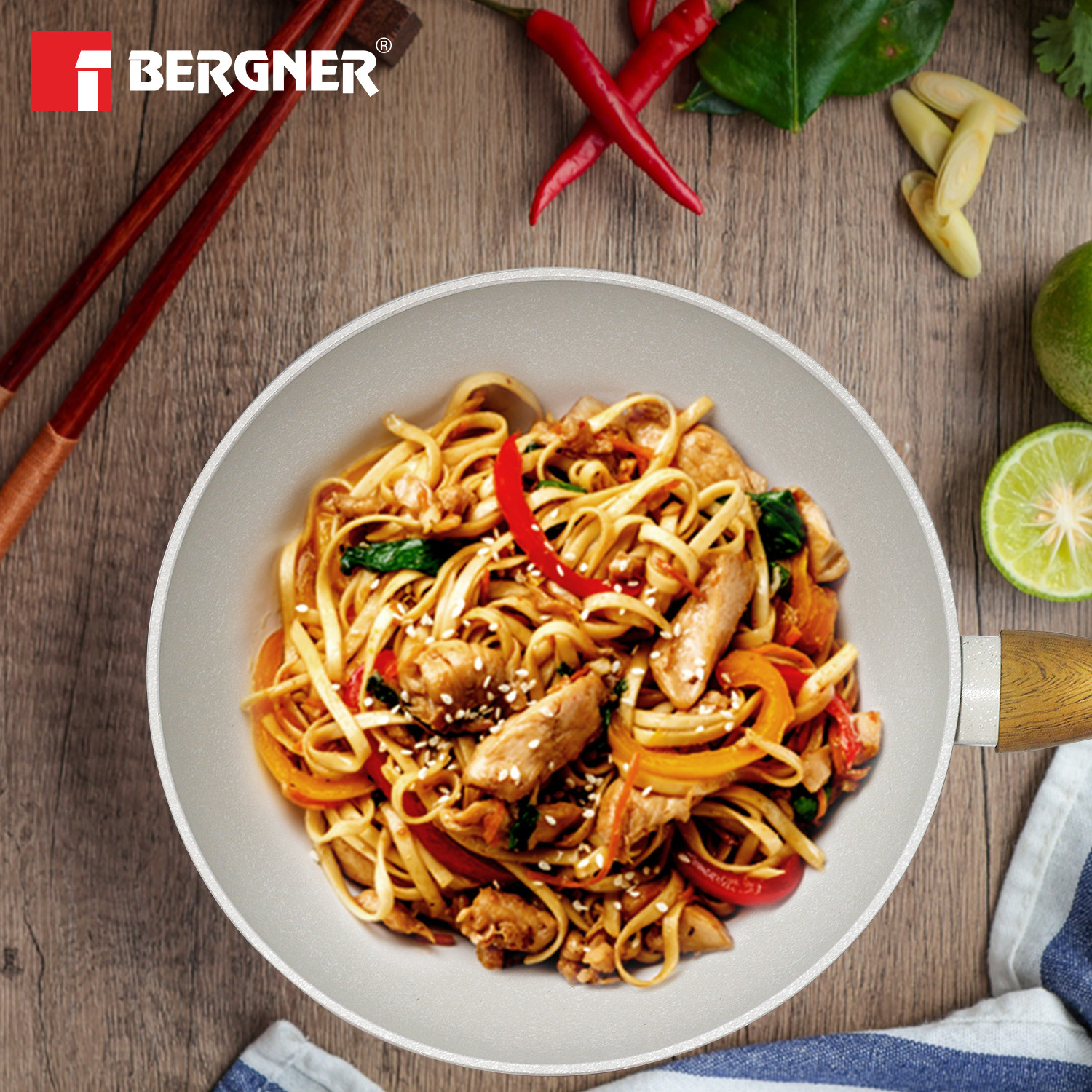 Image of BERGNER Naturally Forged Aluminum Less Oil Use Wok 3 L capacity 28 cm diameter (Aluminium, Non-stick, Induction Bottom)