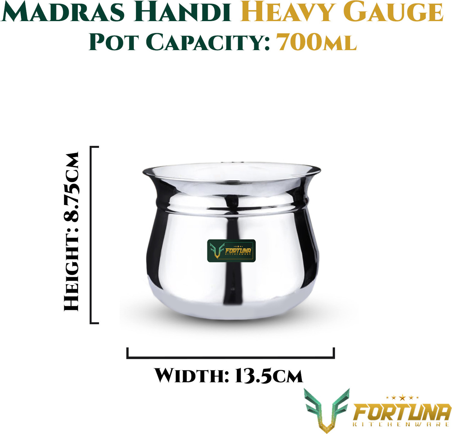 Image of Fortuna 700ml, 5-Star Heavy Dahi Handi / Curd Pot with Lid | Induction & Gas Compatible Pot 13.5 cm diameter 0.7 L capacity with Lid