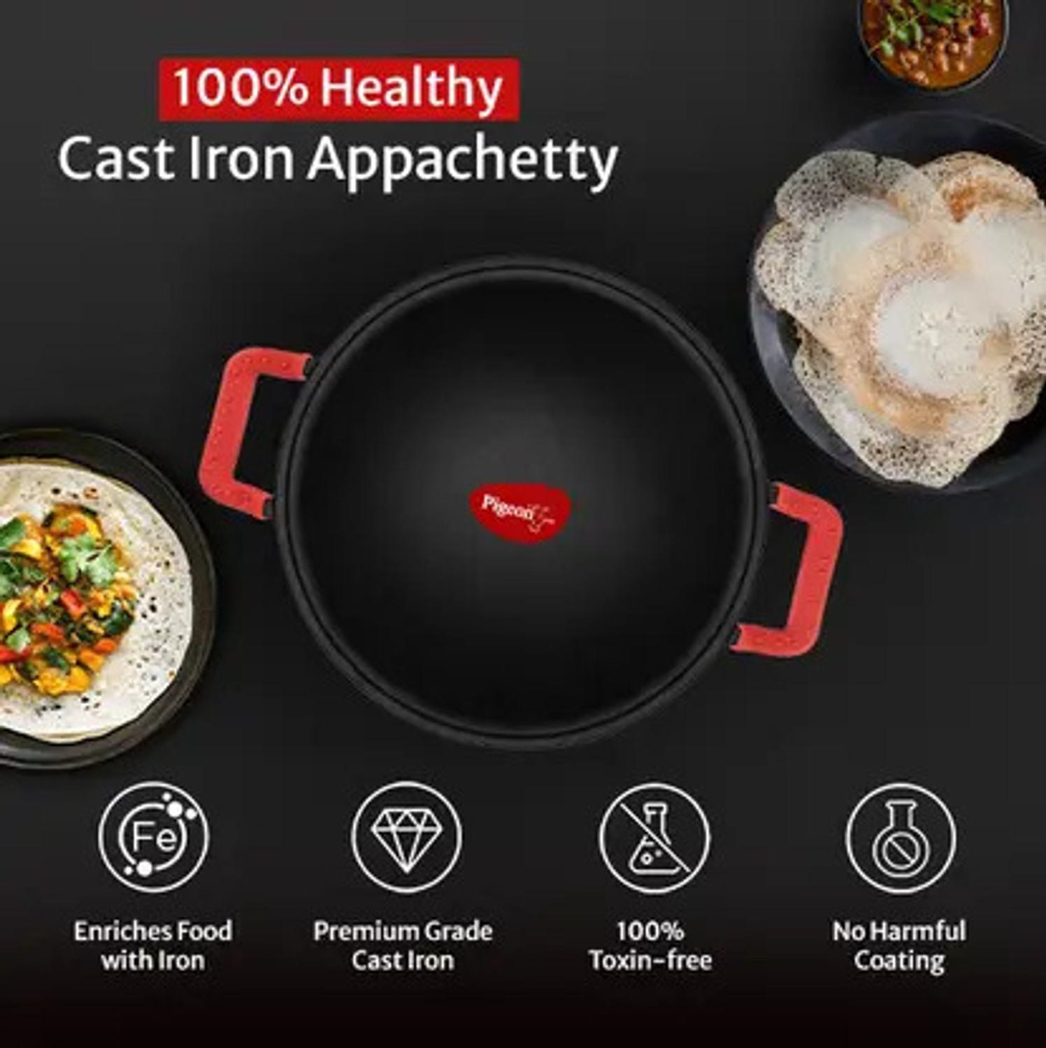 Image of Pigeon Cast Iron Appachatty Pan 22 cm diameter with Lid 0.65 L capacity (Cast Iron, Induction Bottom)