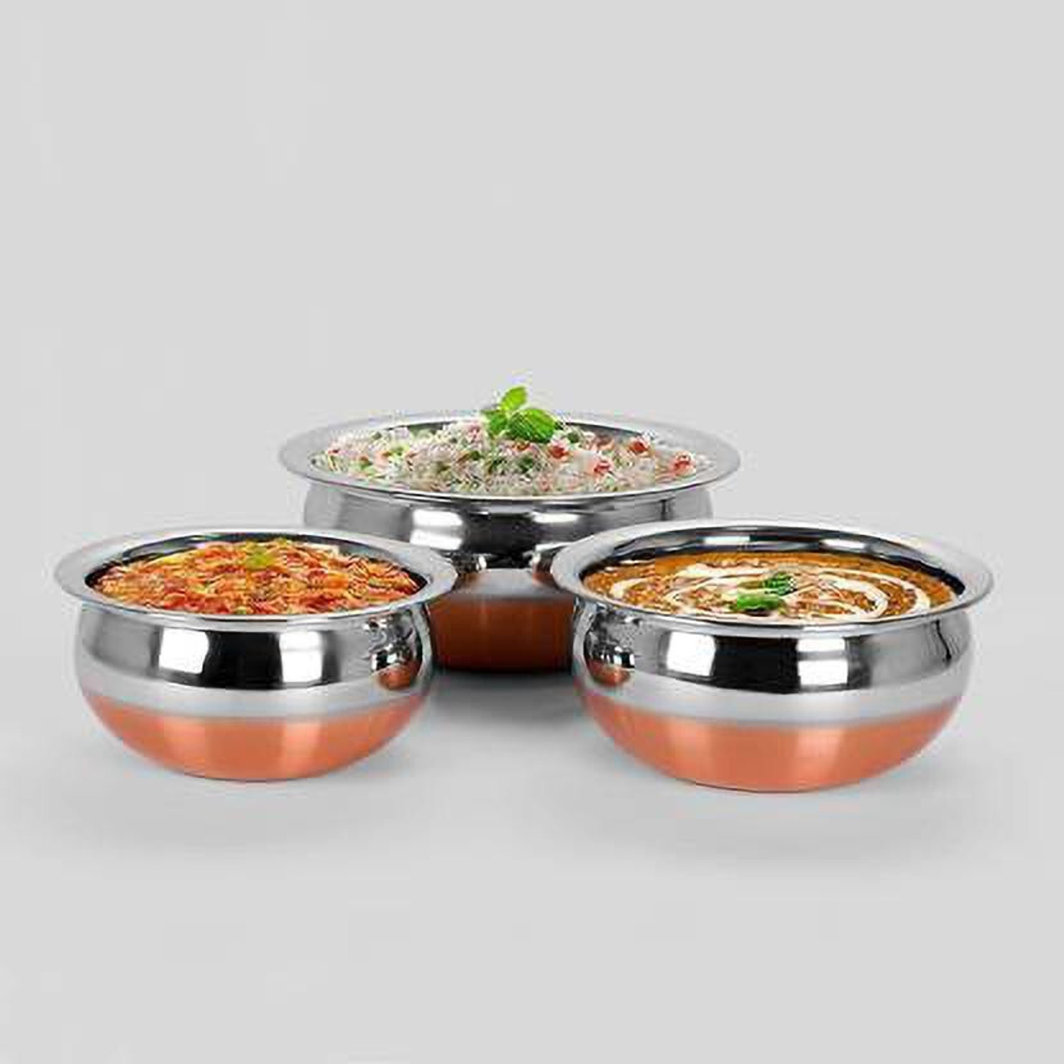 Image of eppyz Copper Bottom Handi Pot 3 Piece Set /Steel Handi Set 3 Piece Set /Cookware Chetty Combo Serving Handi Cookware Multi Purpose Handi Handi Handi 0.5 L, 0.8 L, 1.2 L