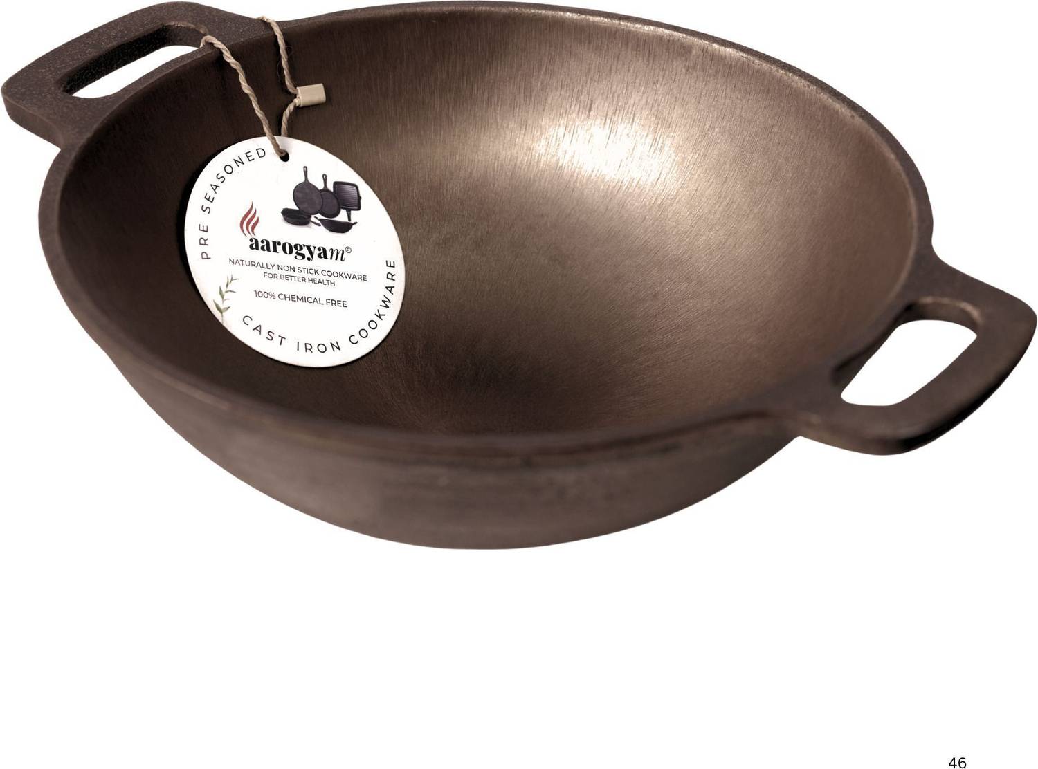 Aarogyam Cast Iron Round Kadai 11 Inches, Pre-Seasoned Kadhai 28 cm diameter 3 L capacity