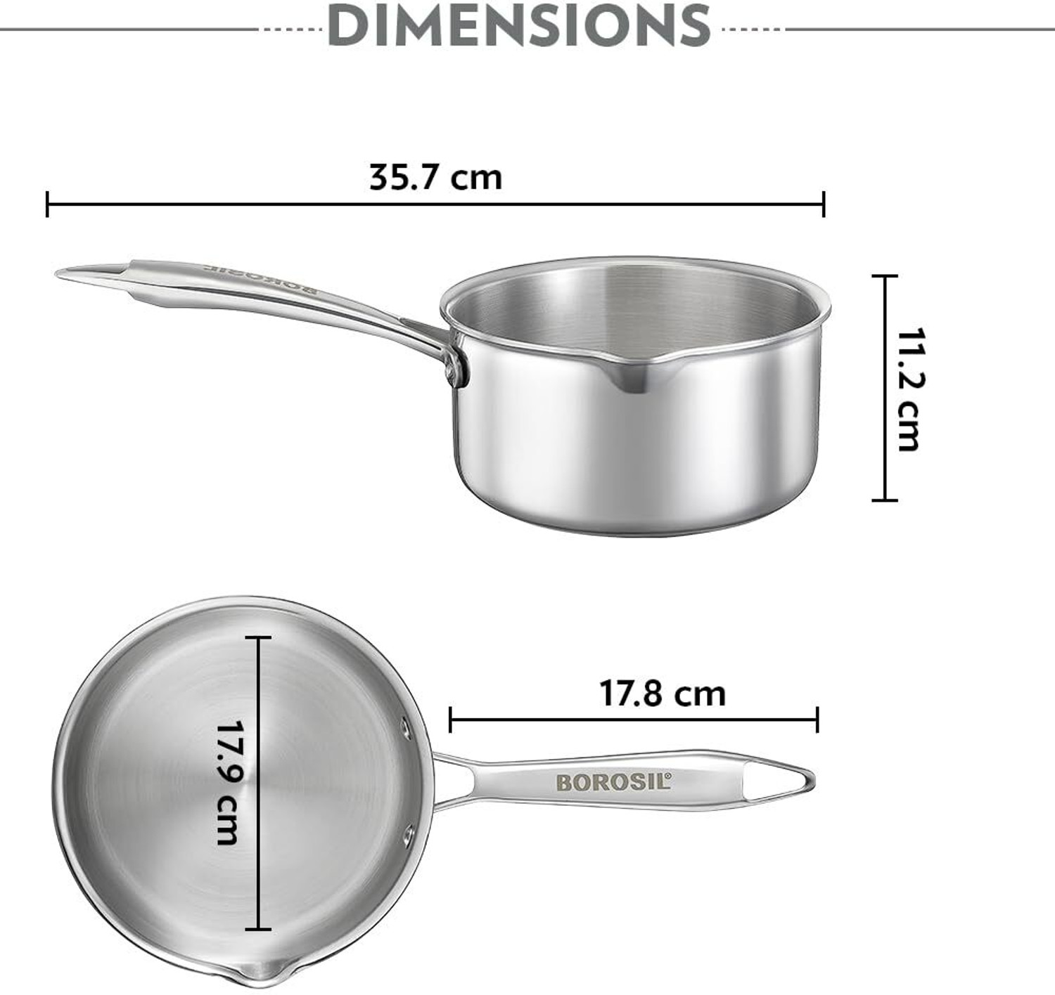 Image of BOROSIL Cookfresh Triply Steel 16 Cm Sauce Pan with Spout, SS304 Food Grade Steel Sauce Pan 16 cm diameter 1.7 L capacity