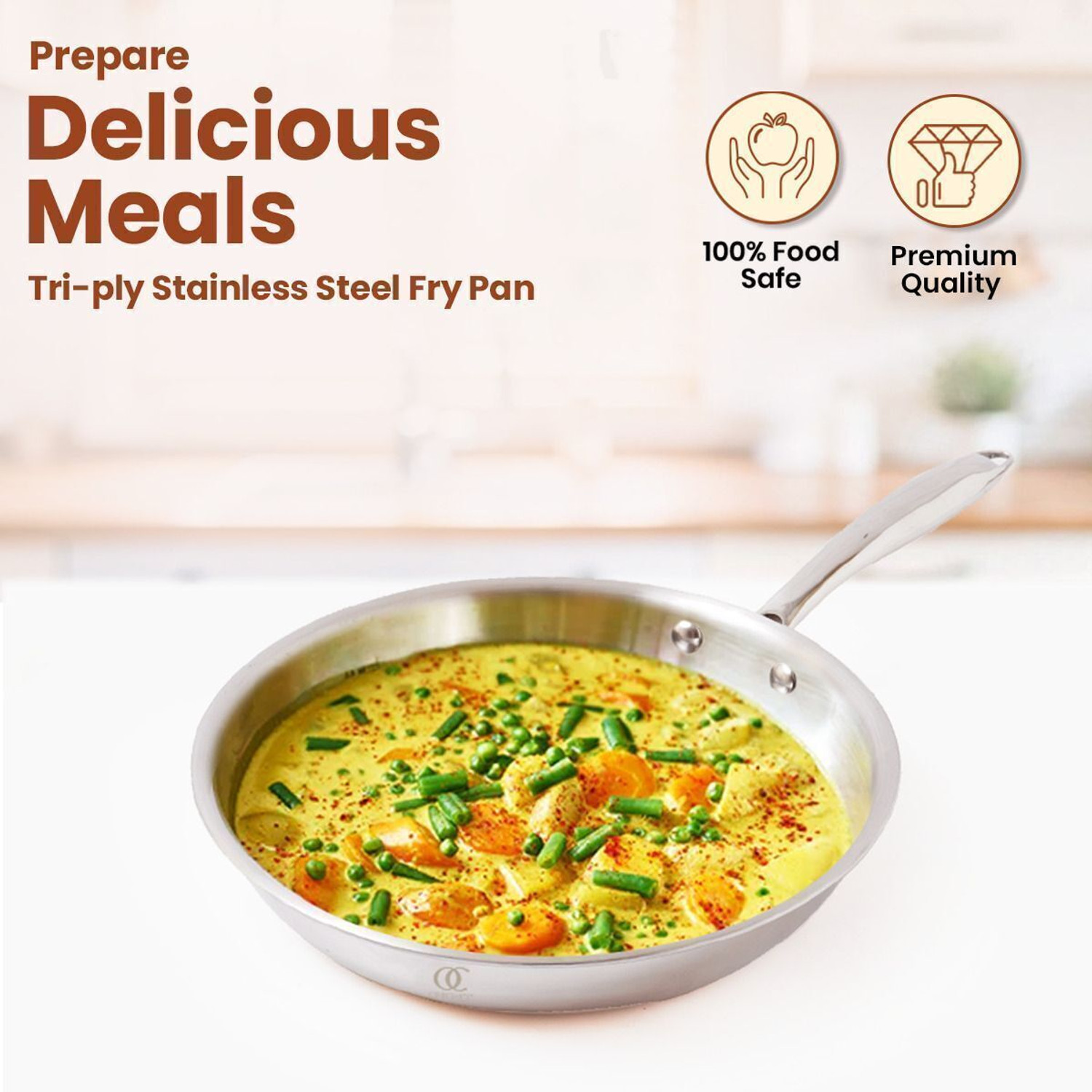Image of Omichef 22CM (2Ltr) Triply Stainless Steel Frypan, Induction & Gas Compatible, Fry Pan 22 cm diameter with Lid 2 L capacity